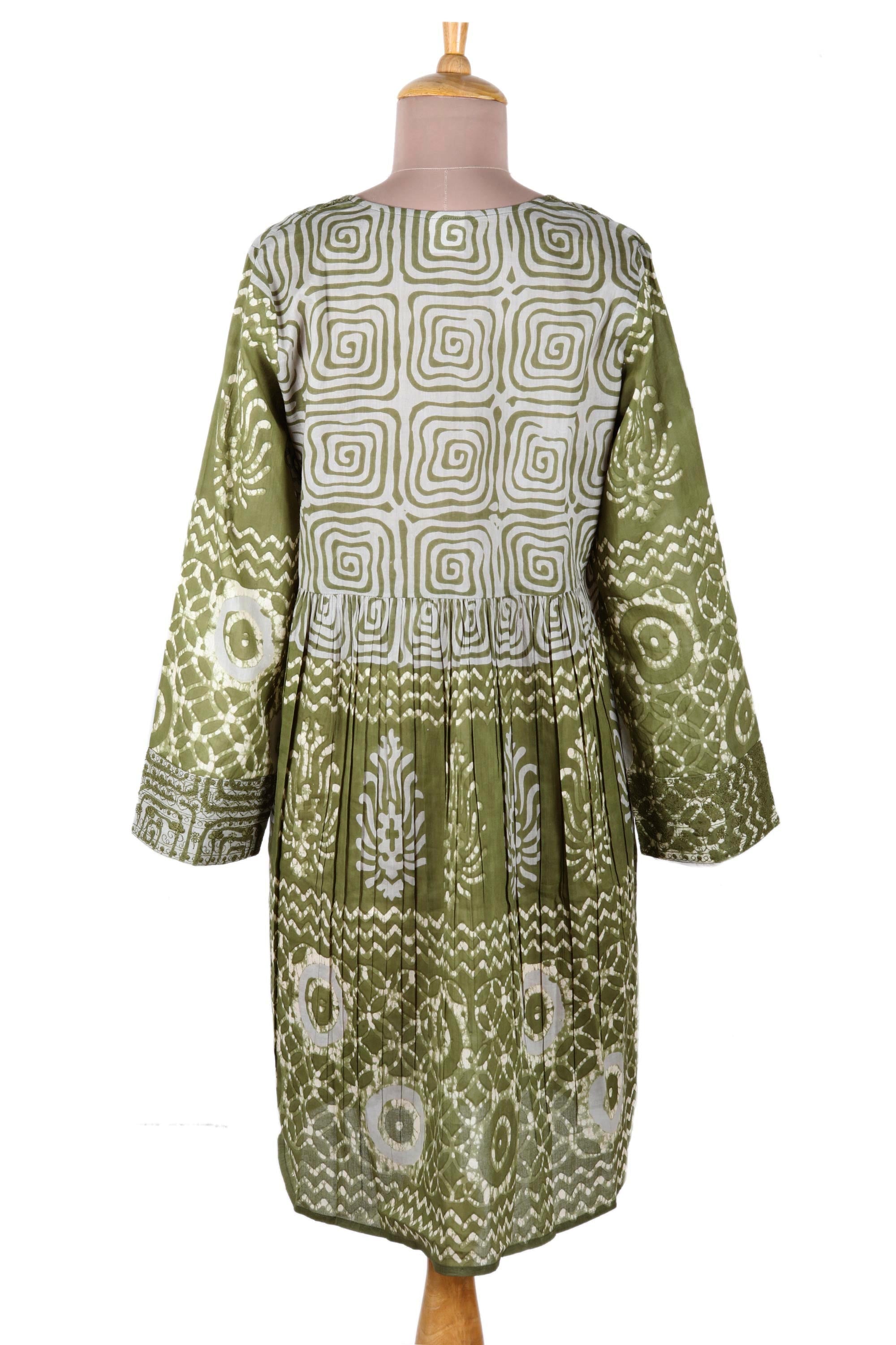 Screen Printed Embroidered Cotton Dress - Cool Green