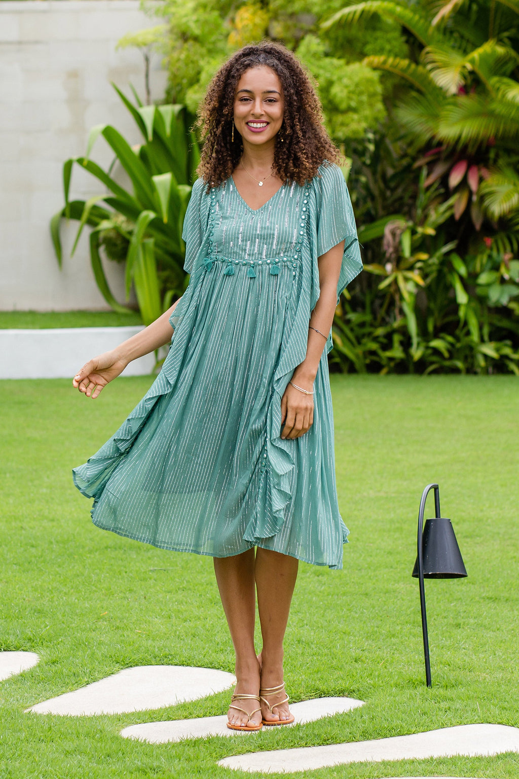 Hand Embroidered Jade Caftan Dress from India - Cool Chic