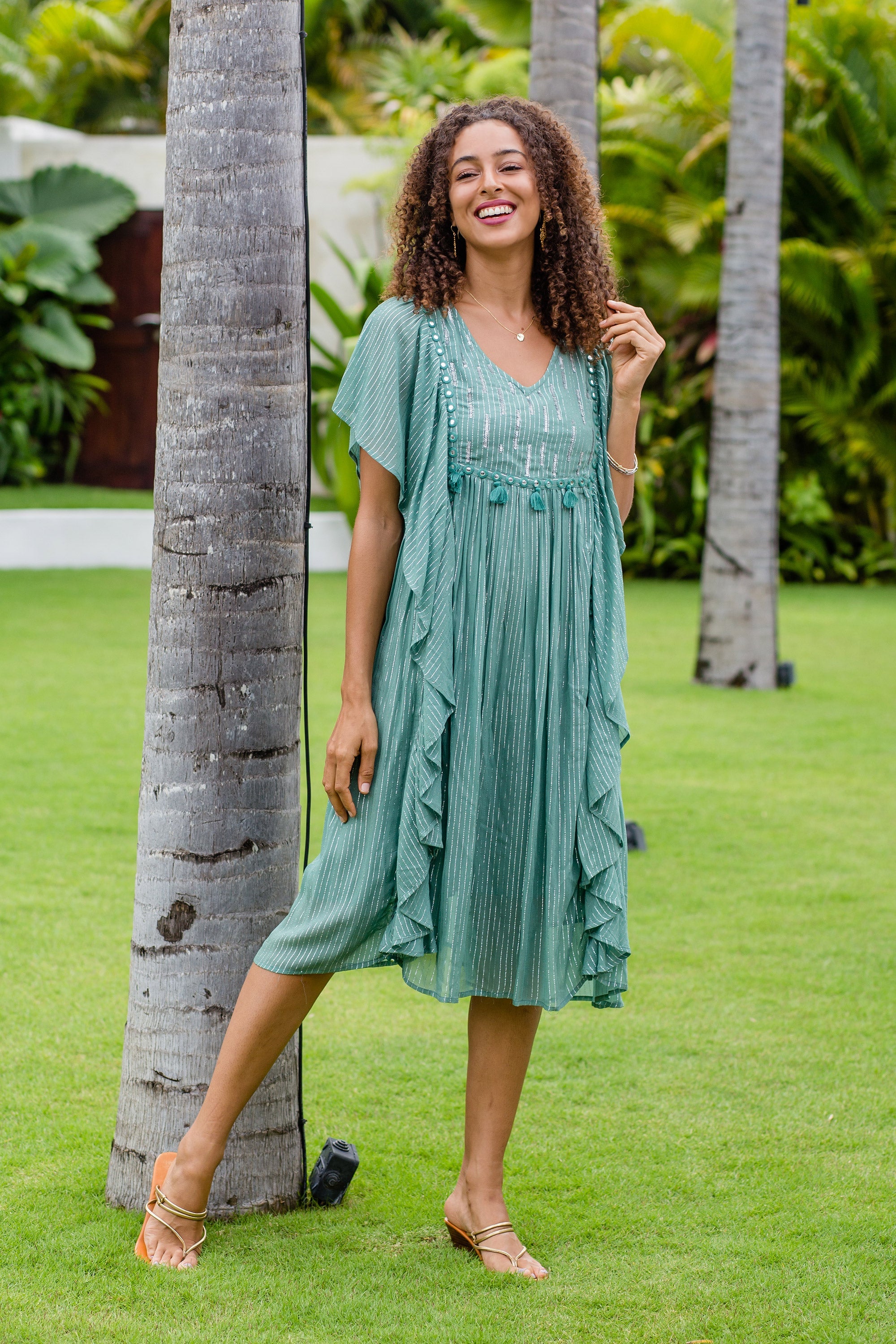 Hand Embroidered Jade Caftan Dress from India - Cool Chic