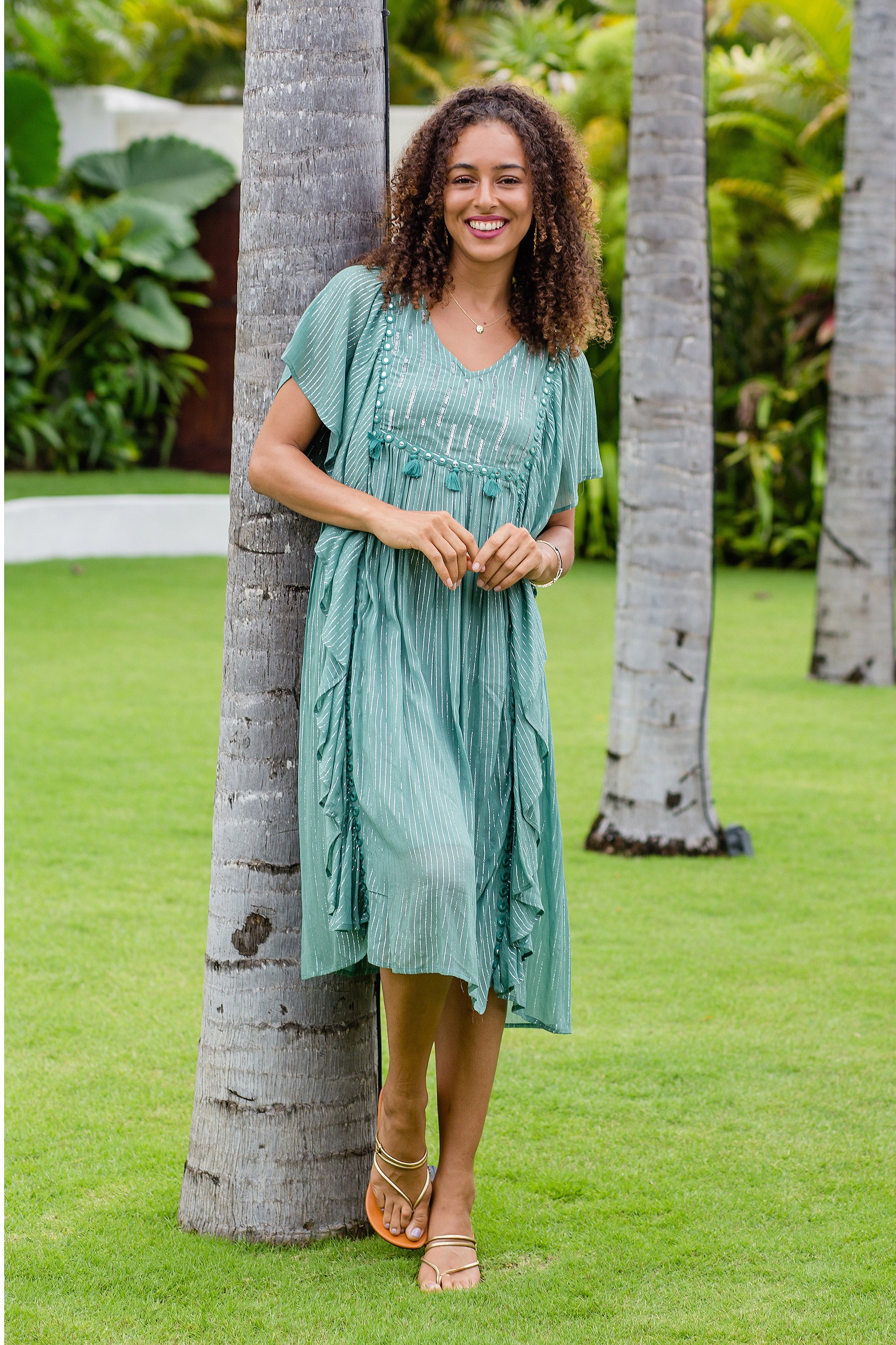 Hand Embroidered Jade Caftan Dress from India - Cool Chic