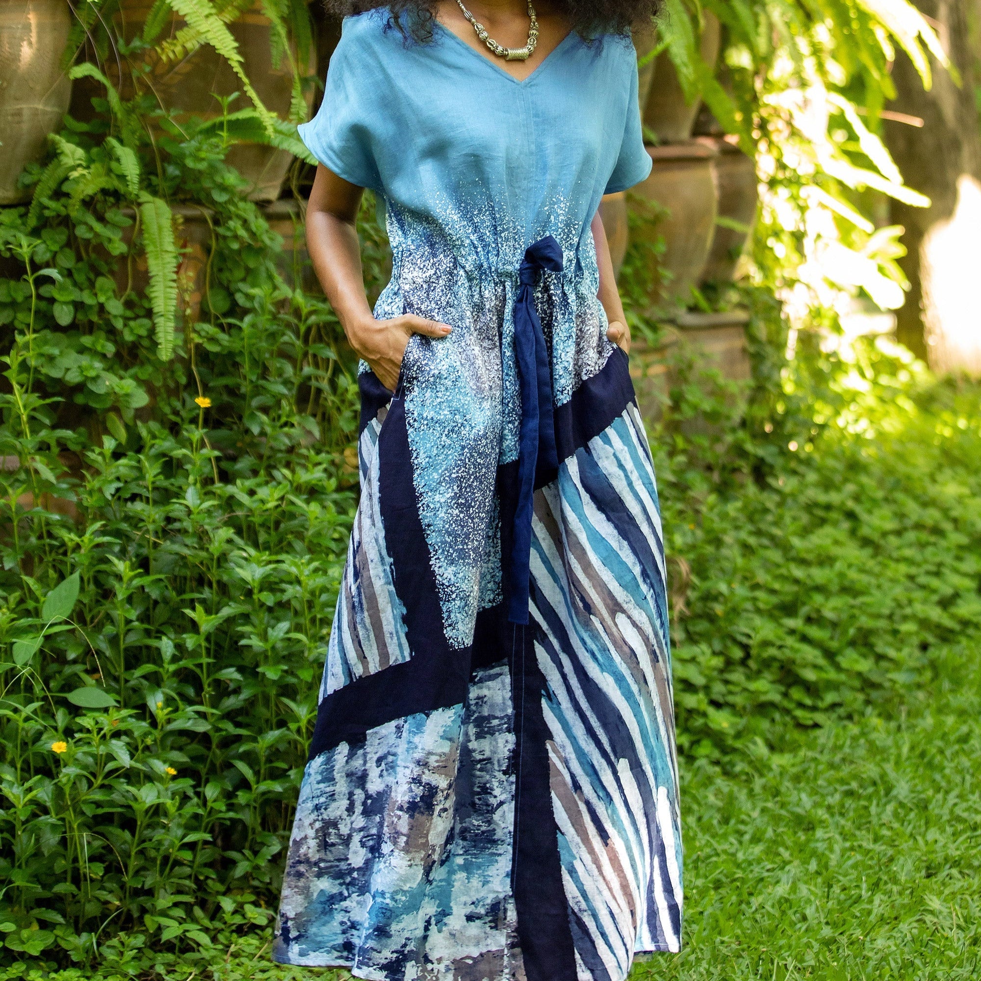 Hand-Painted Batik Linen Maxi Skirt - Chiang Mai Rains