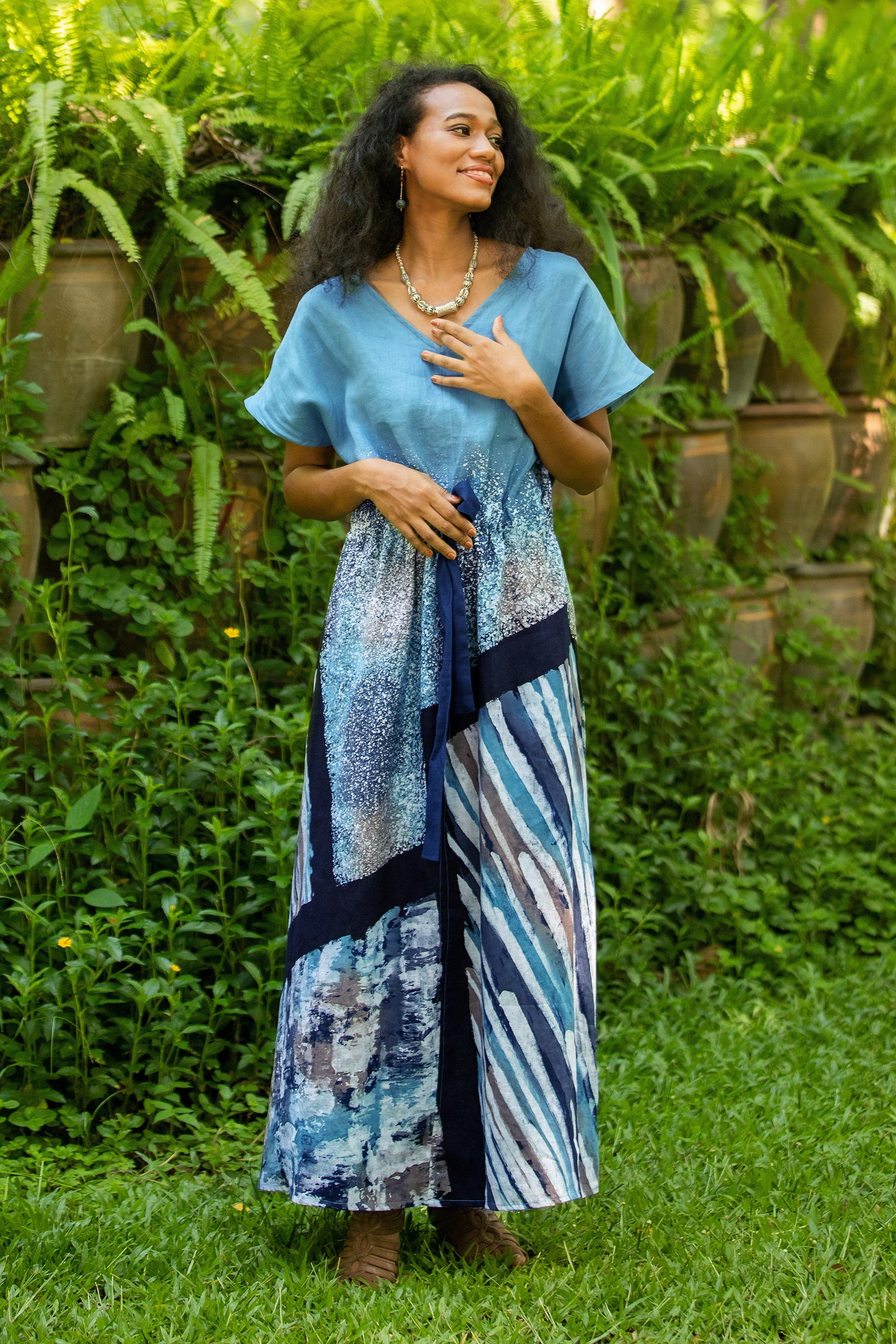 Hand-Painted Batik Linen Maxi Skirt - Chiang Mai Rains