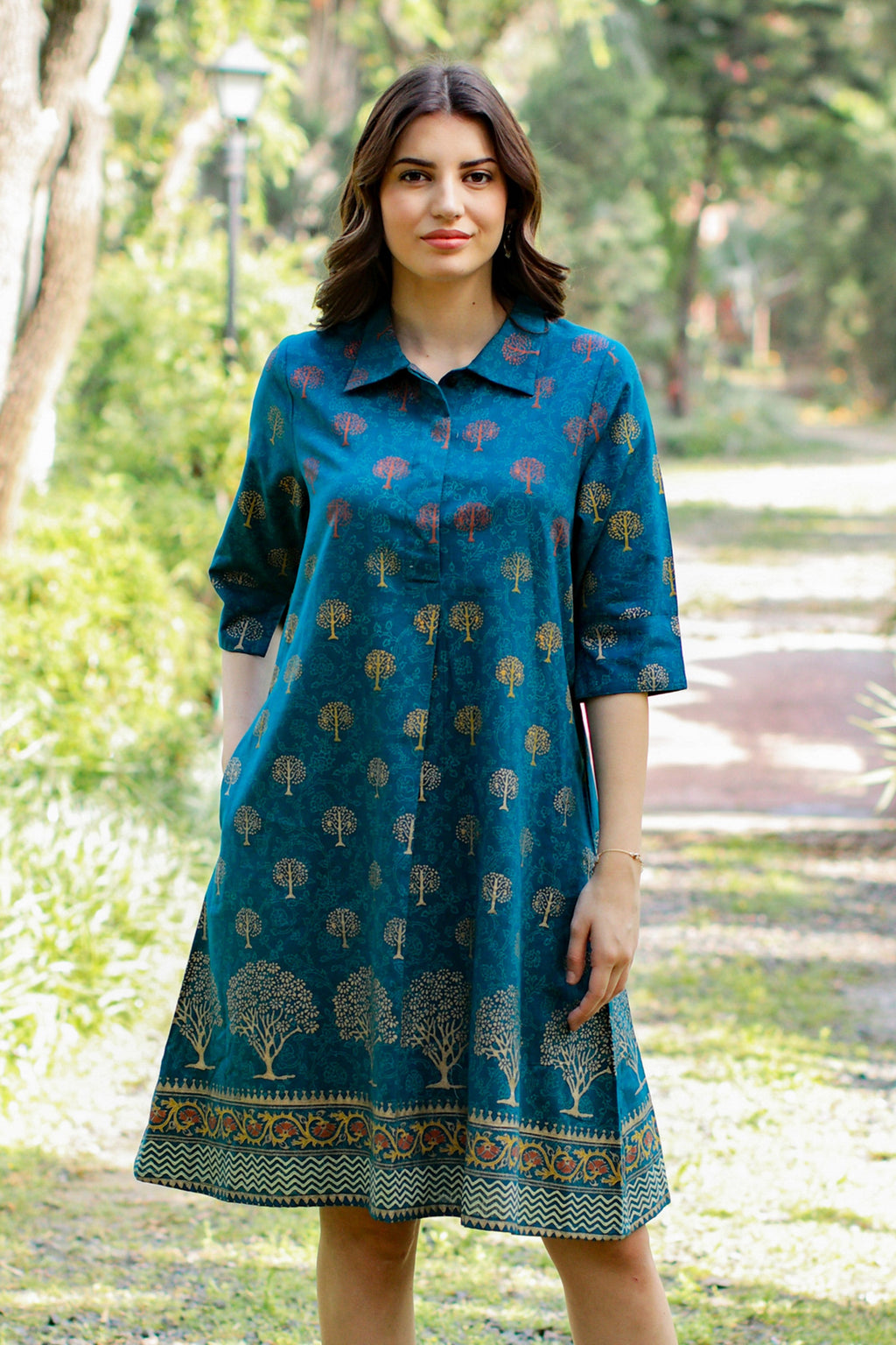 Hand Block-Printed Shirtdress - Chanderi Garden