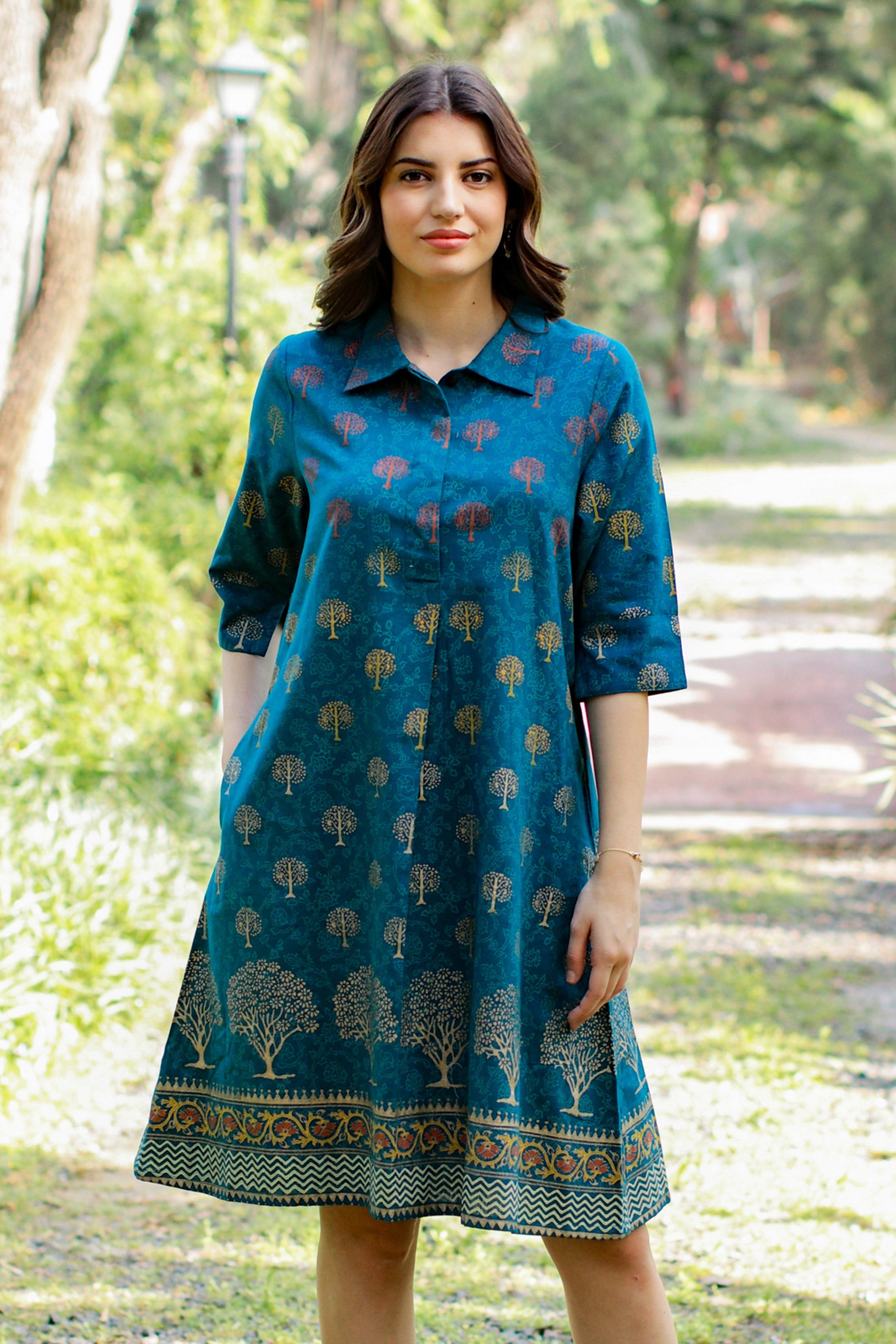 Hand Block-Printed Shirtdress - Chanderi Garden