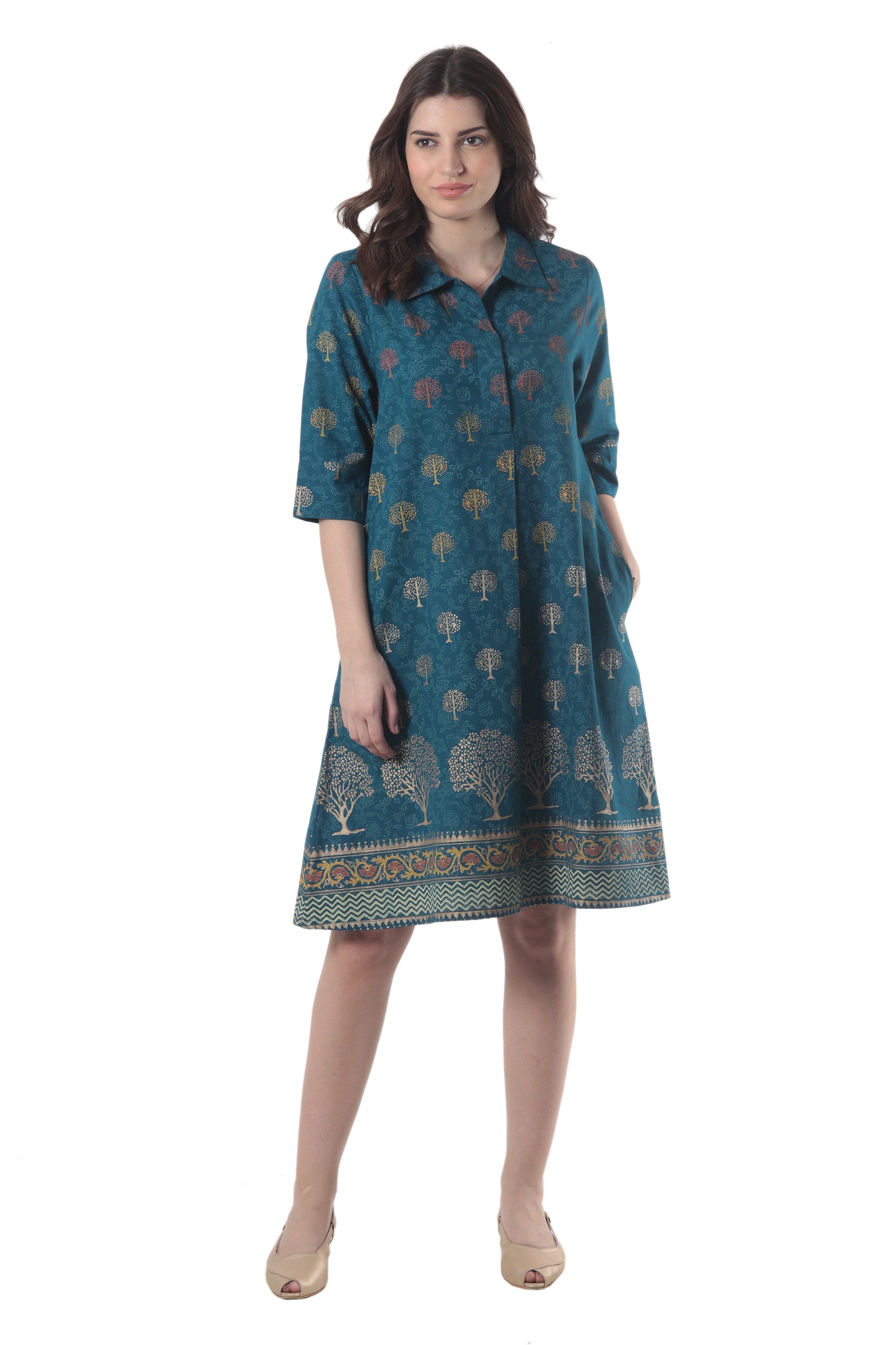 Hand Block-Printed Shirtdress - Chanderi Garden