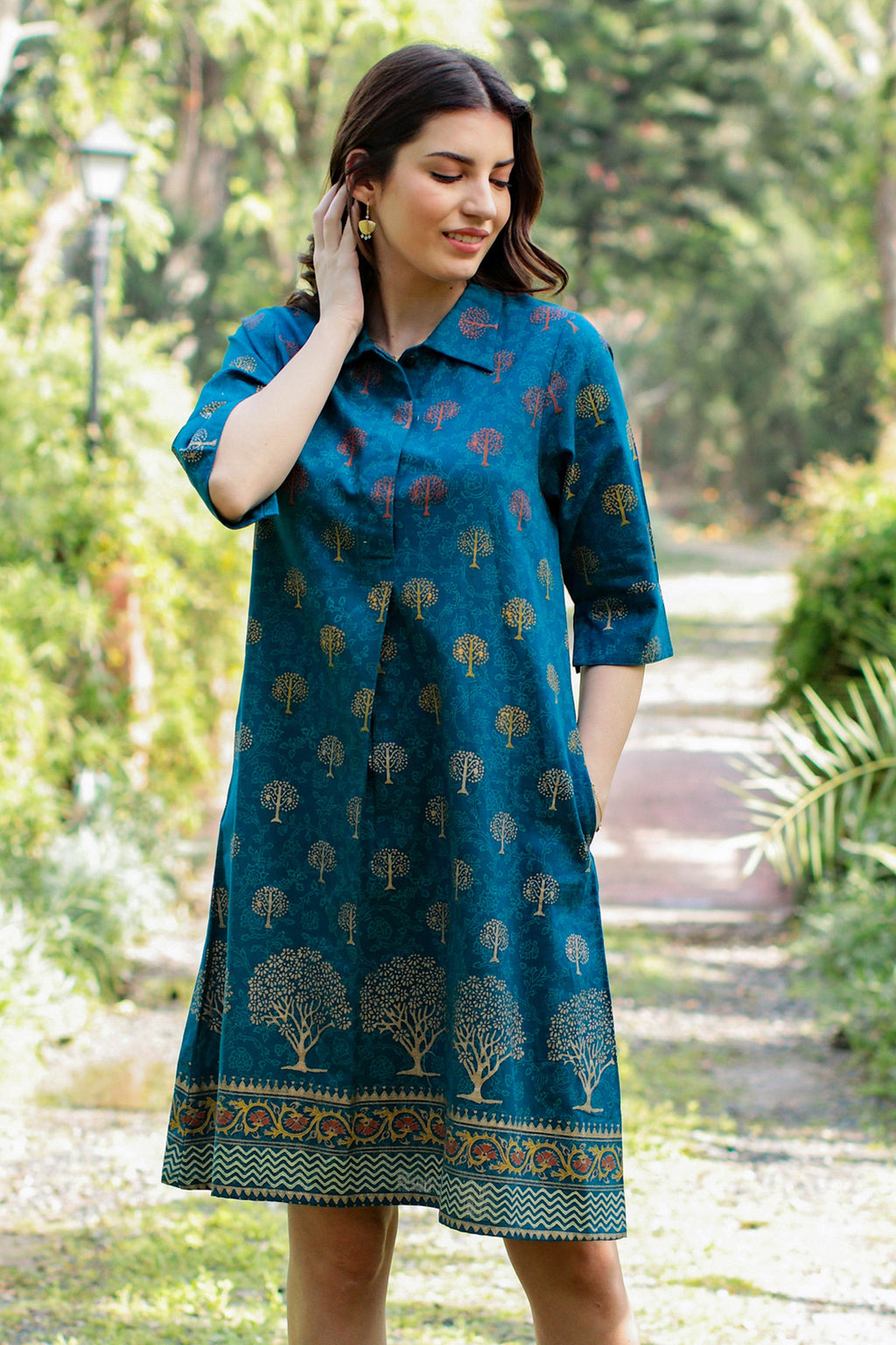 Hand Block-Printed Shirtdress - Chanderi Garden