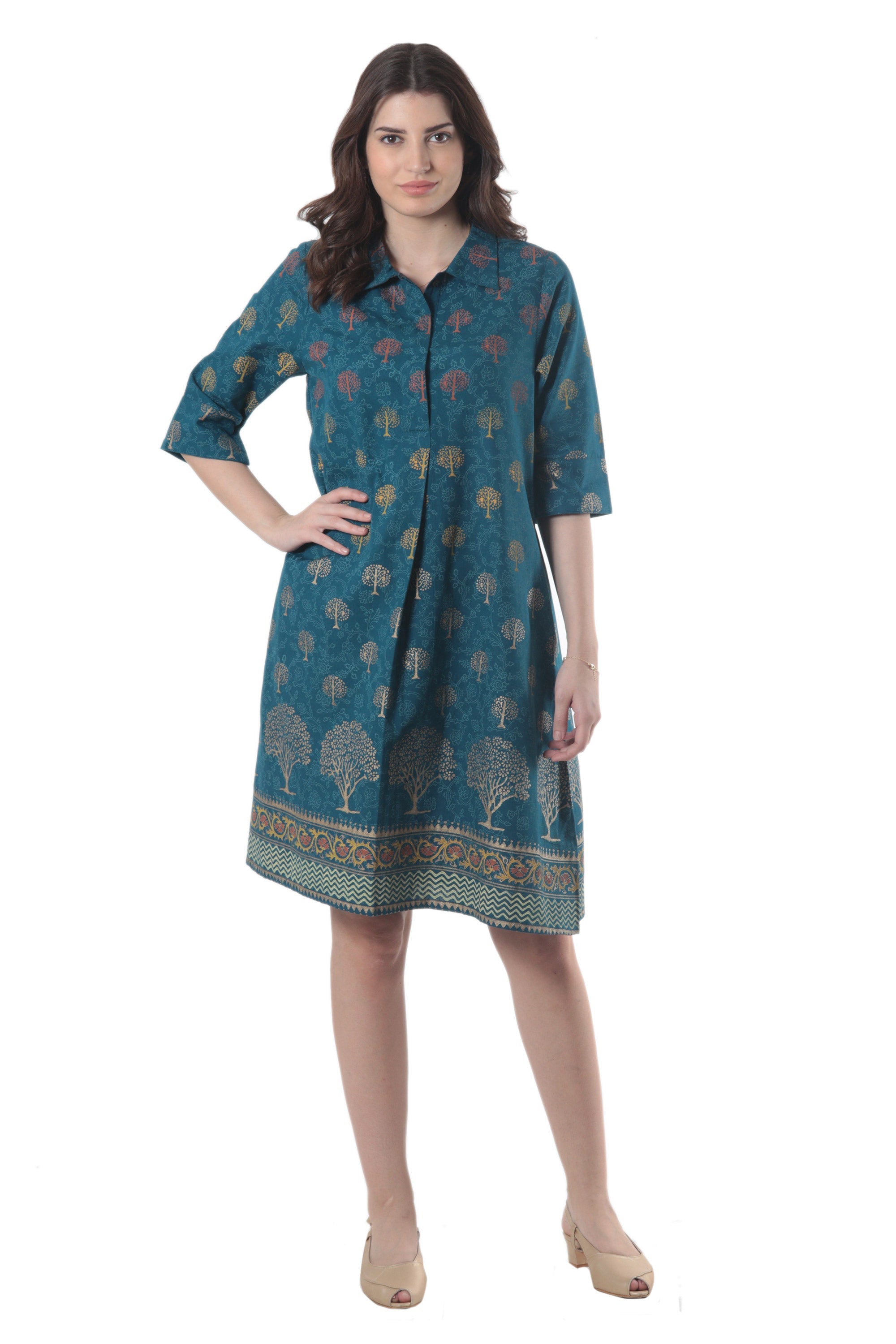 Hand Block-Printed Shirtdress - Chanderi Garden
