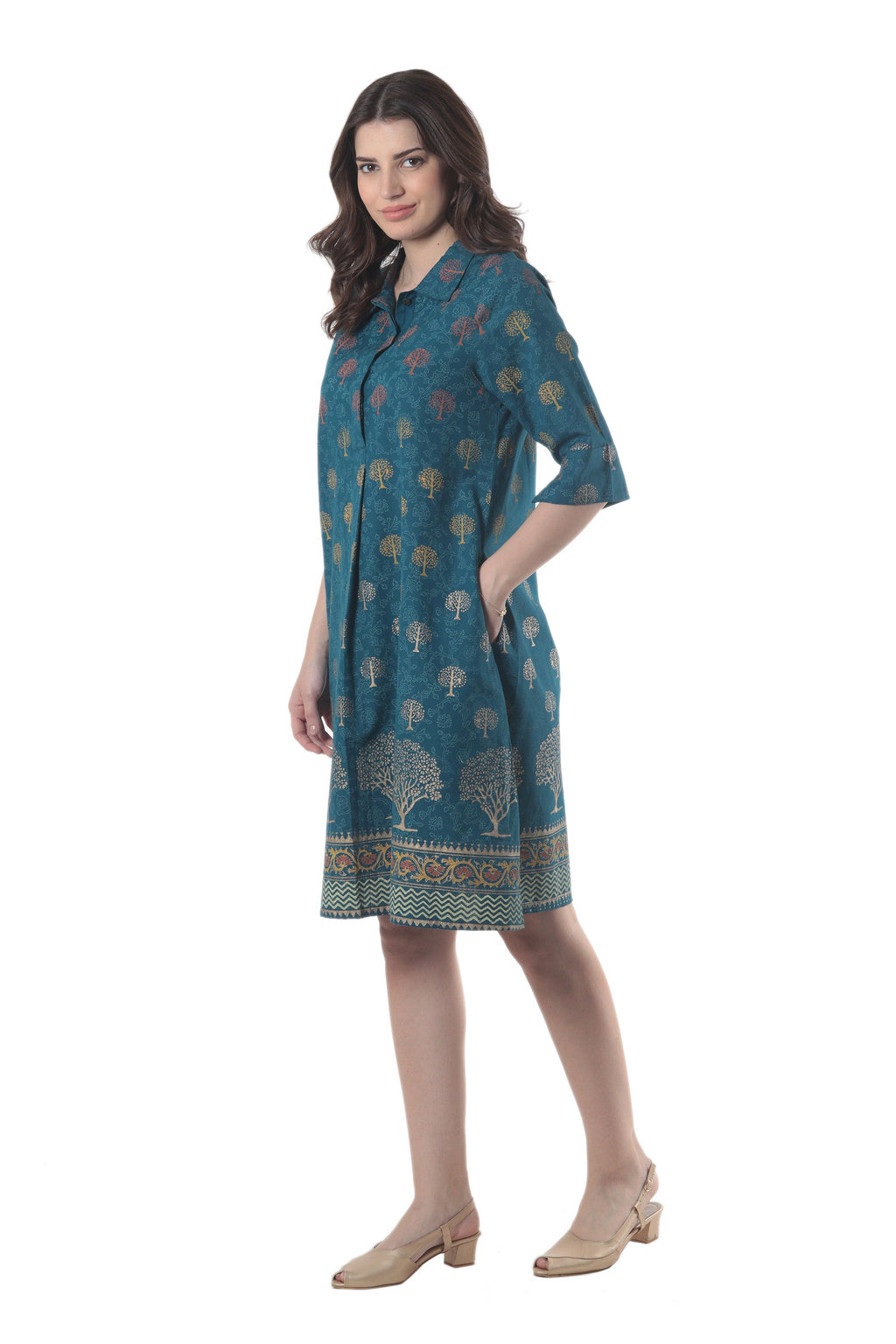 Hand Block-Printed Shirtdress - Chanderi Garden