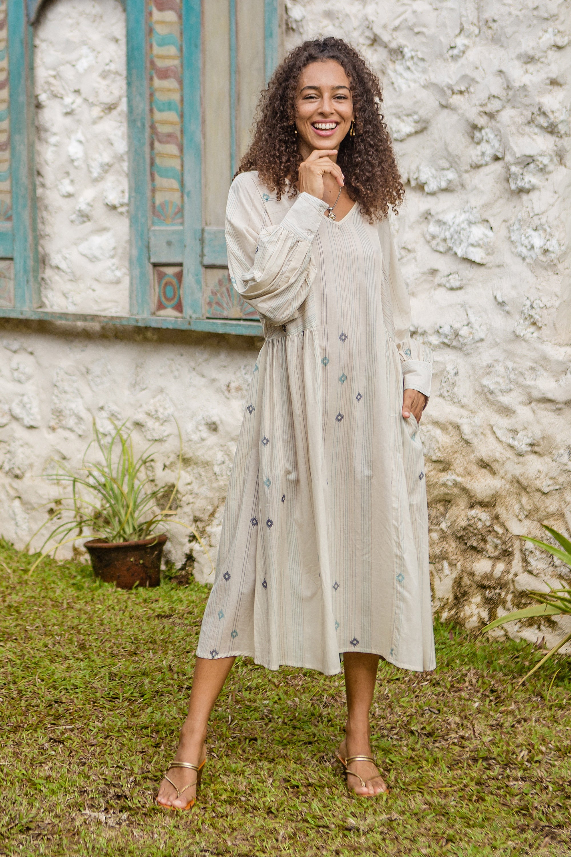 Ecru Printed Cotton Dress with Pockets and V-Neckline - Dancing Stars