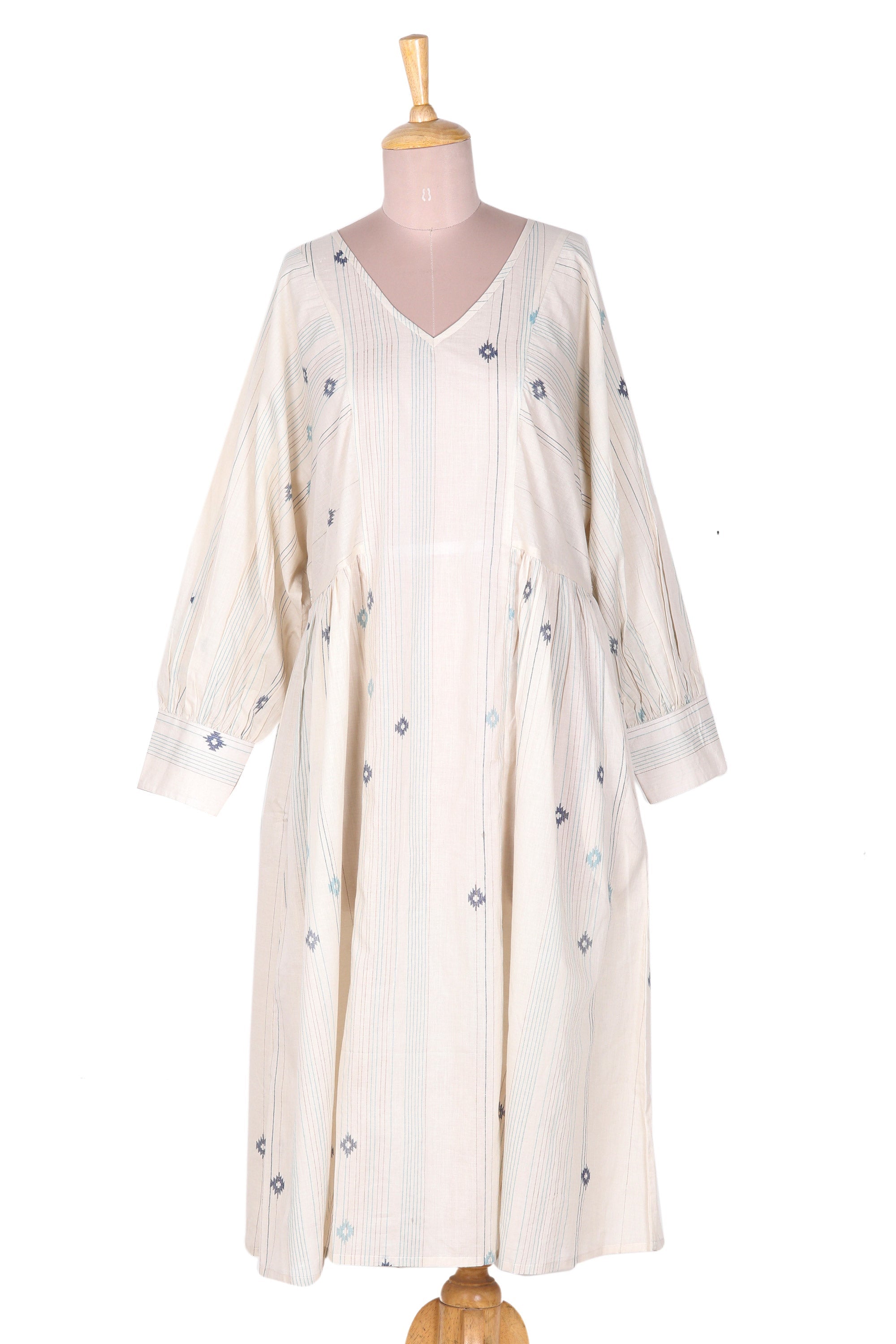 Ecru Printed Cotton Dress with Pockets and V-Neckline - Dancing Stars