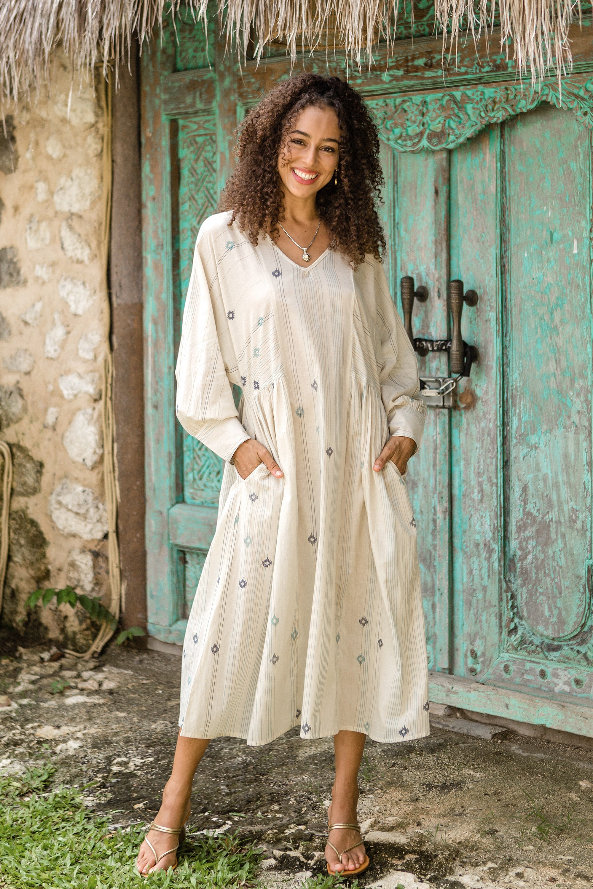 Ecru Printed Cotton Dress with Pockets and V-Neckline - Dancing Stars