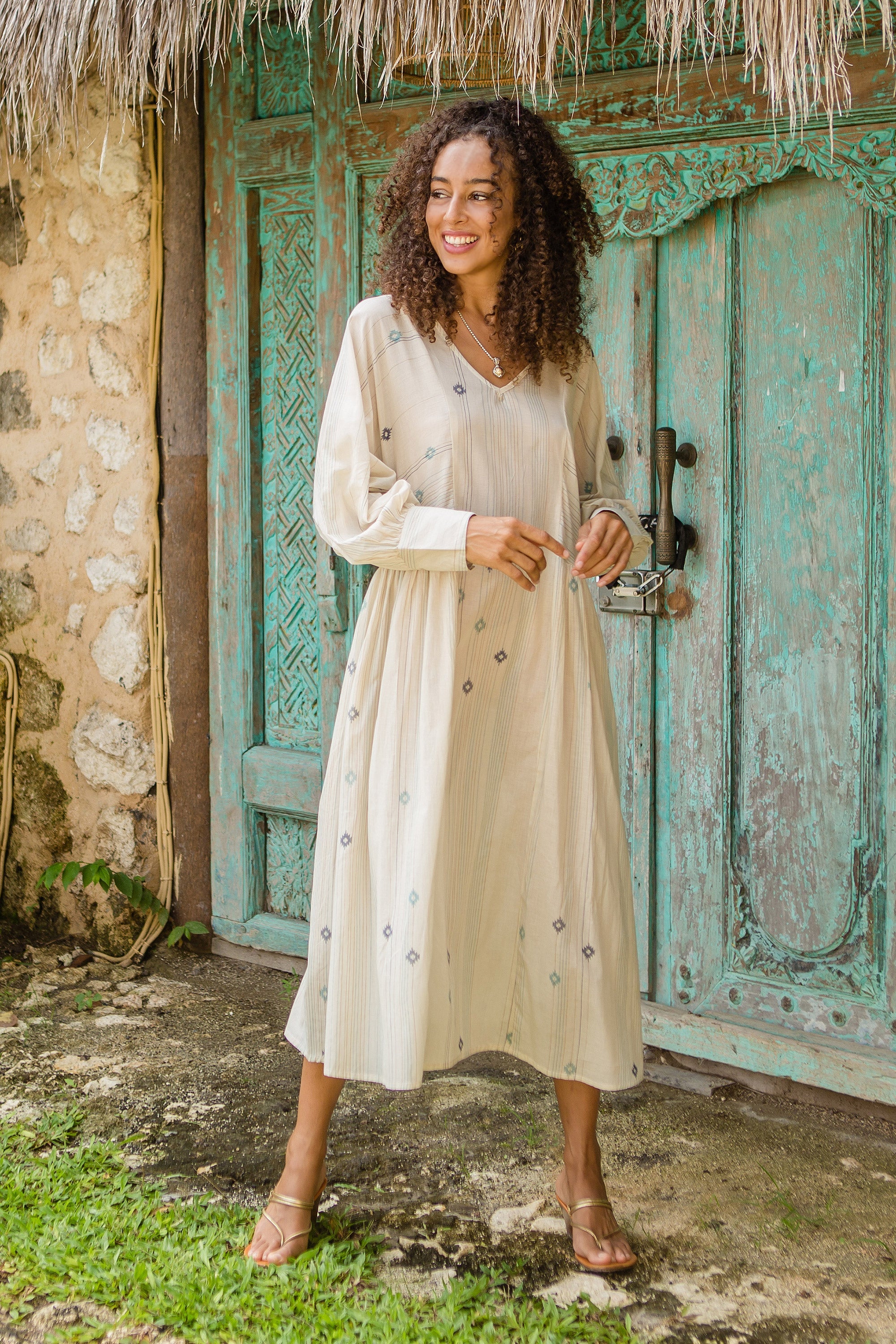Ecru Printed Cotton Dress with Pockets and V-Neckline - Dancing Stars