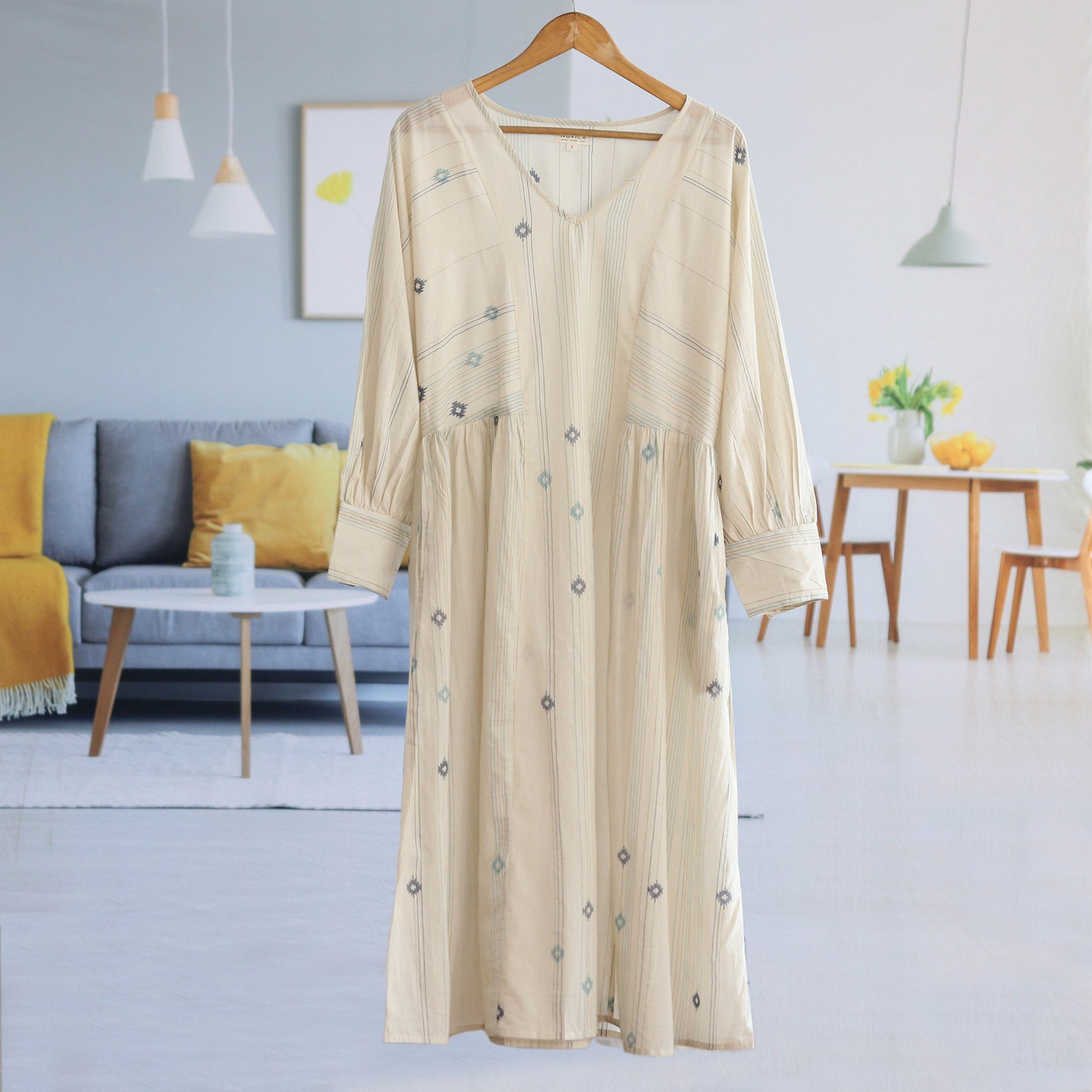Ecru Printed Cotton Dress with Pockets and V-Neckline - Dancing Stars