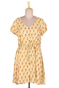 Beige Rayon Tunic-Style Dress with Floral Print and Buttons - Blooming Spring