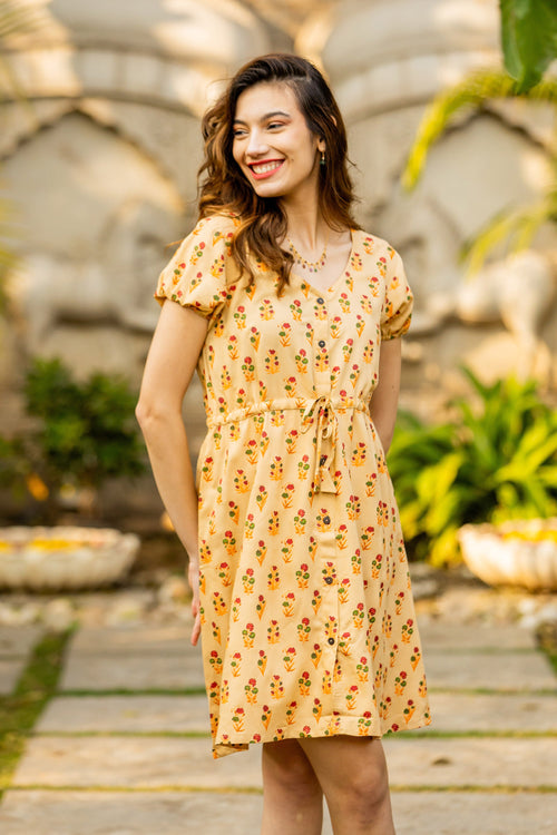 Beige Rayon Tunic-Style Dress with Floral Print and Buttons - Blooming Spring