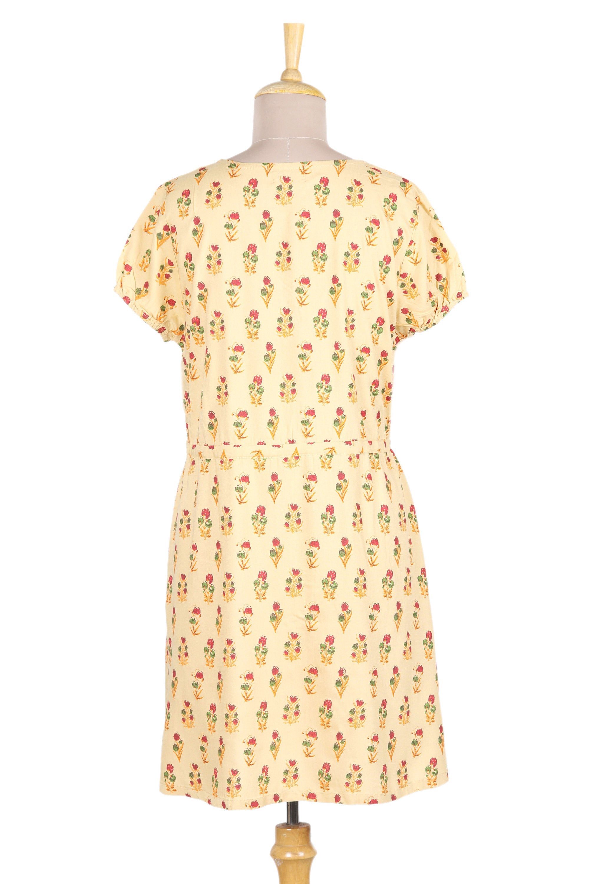 Beige Rayon Tunic-Style Dress with Floral Print and Buttons - Blooming Spring