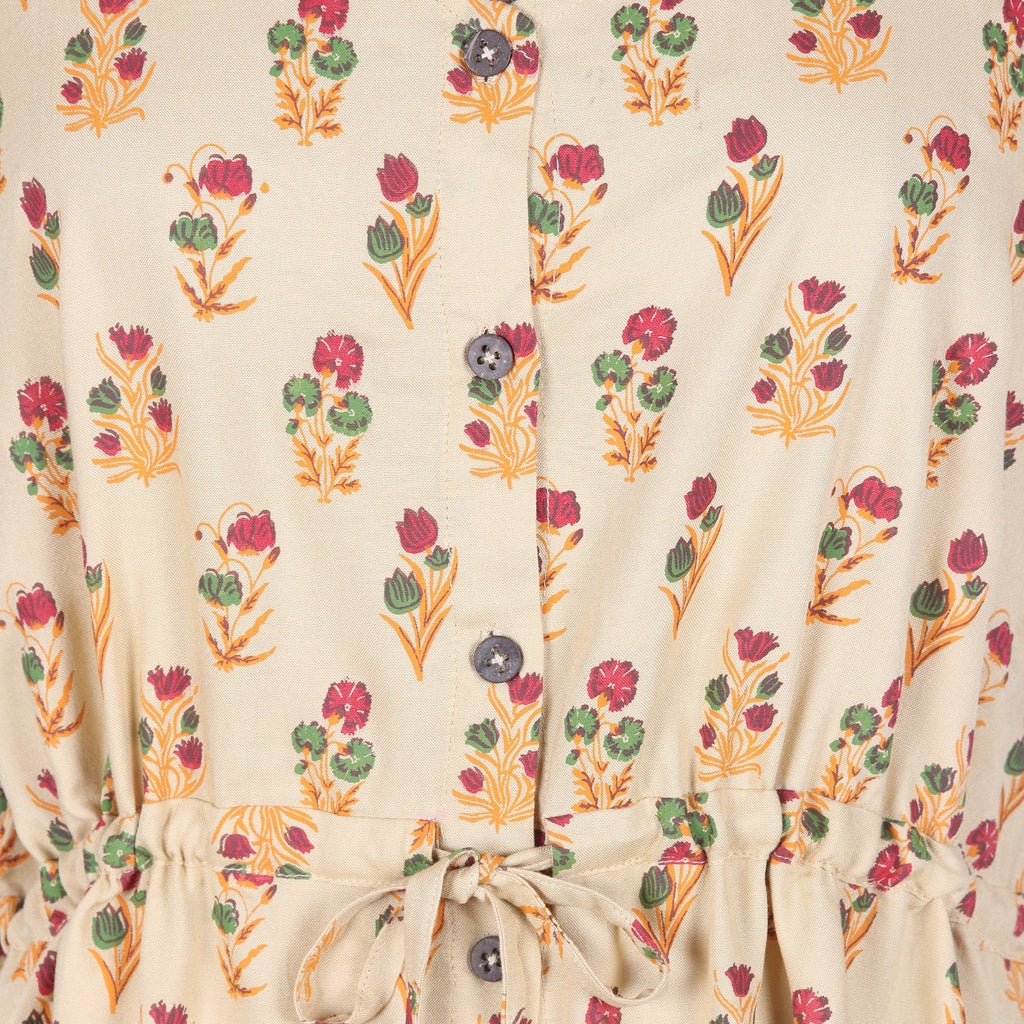 Beige Rayon Tunic-Style Dress with Floral Print and Buttons - Blooming Spring