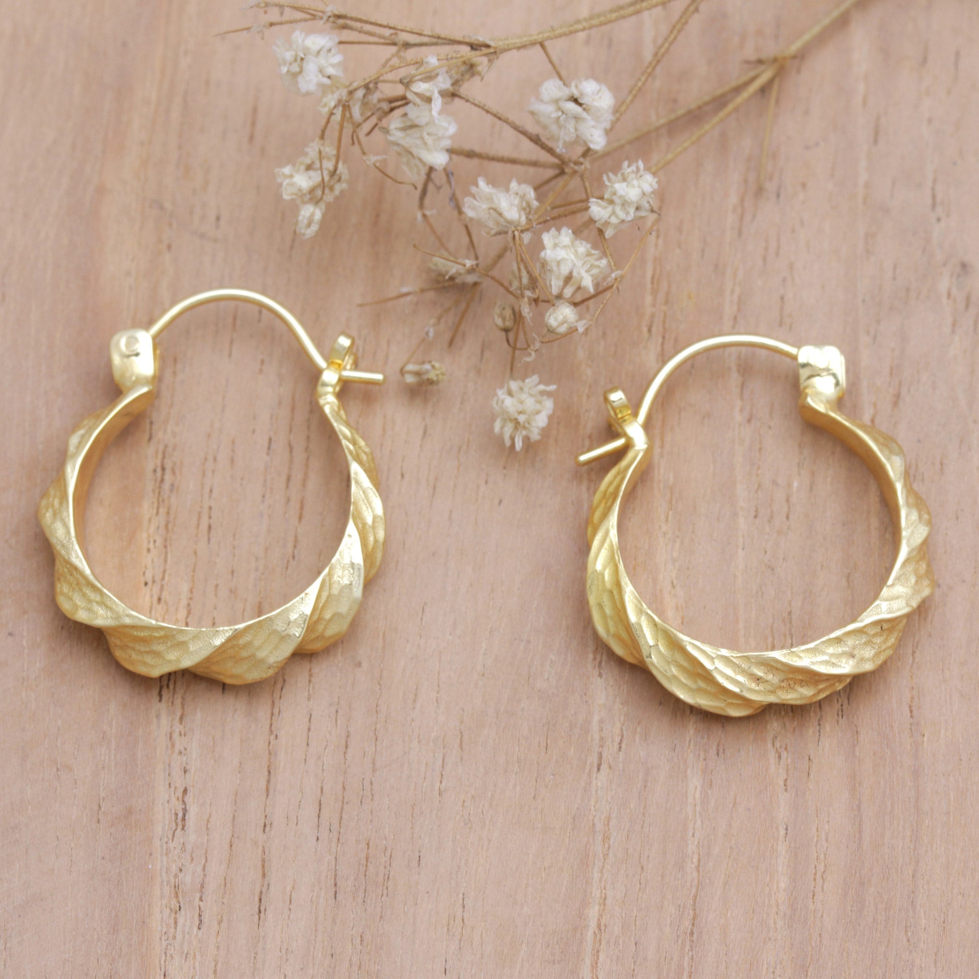 18k Gold-Plated Brass Hoop Earrings with Hammered Finish - Celestial Twists
