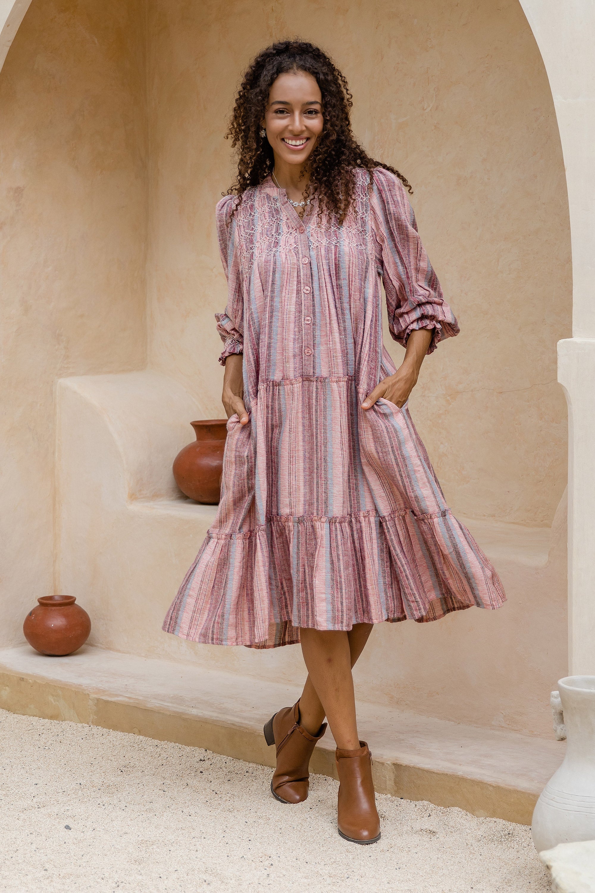 Colorful Striped Embroidered Cotton A-Line Dress from India - Chasing Sunsets