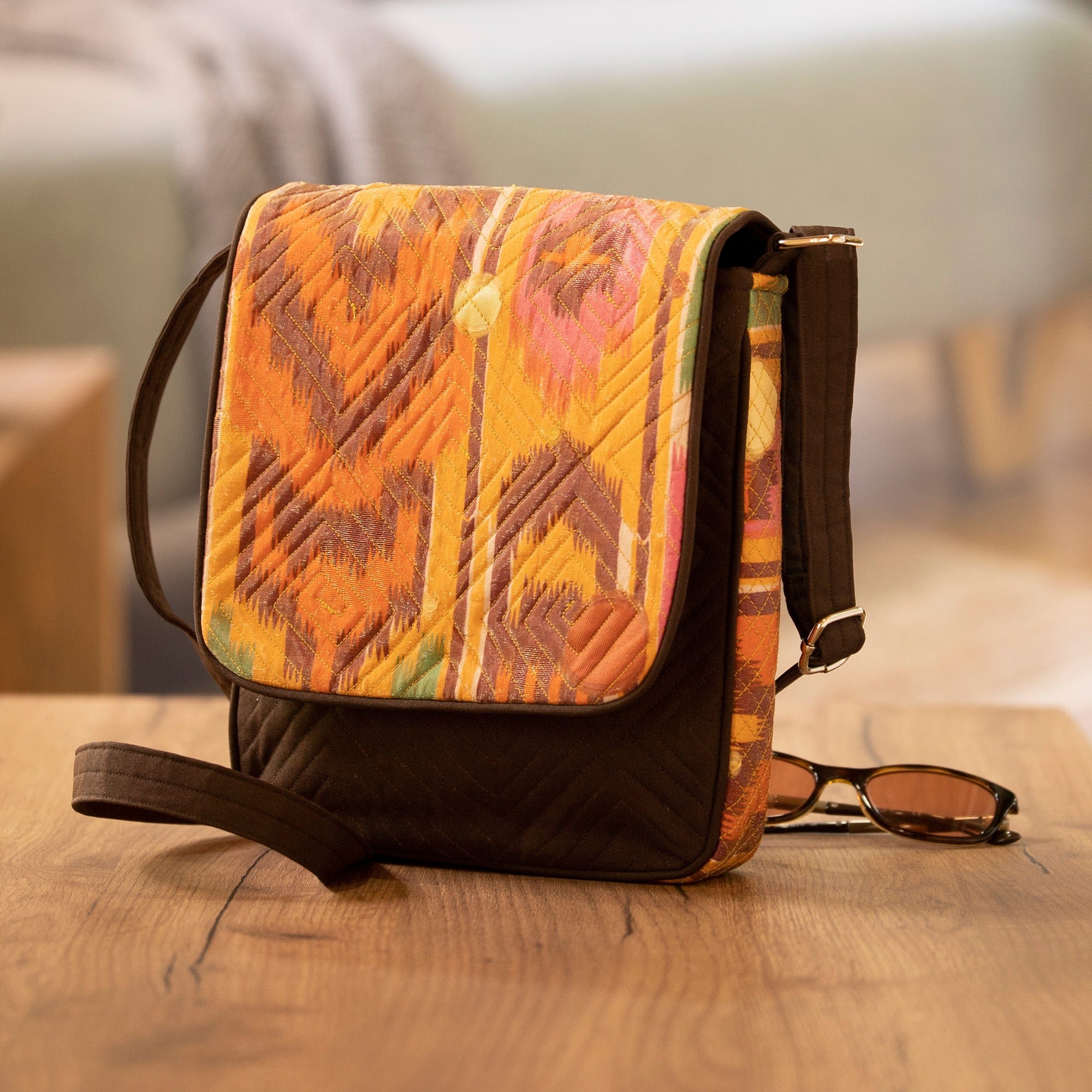 Warm-Toned Traditional Ikat Sling Bag with Adjustable Strap - Uzbekistan Summer
