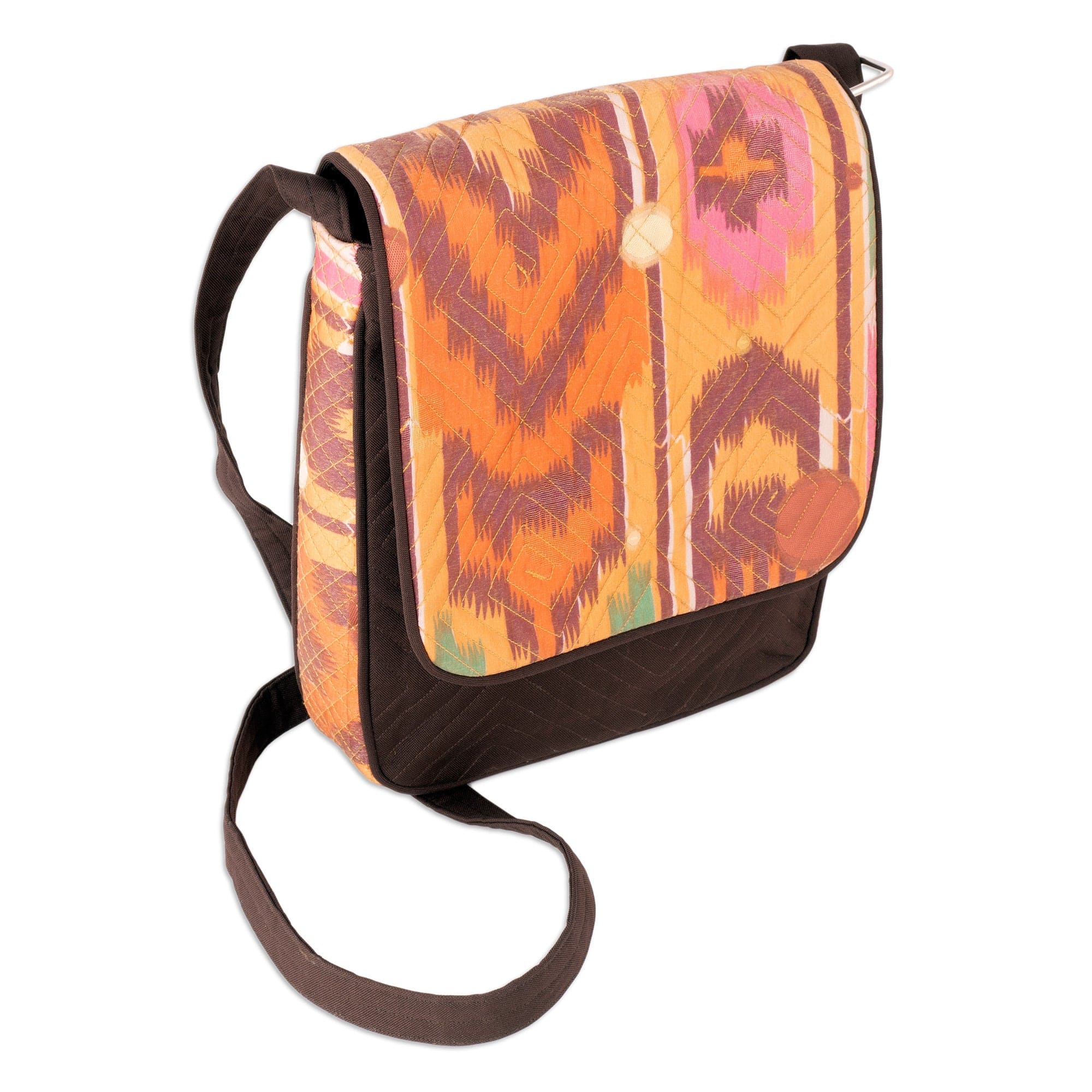 Warm-Toned Traditional Ikat Sling Bag with Adjustable Strap - Uzbekistan Summer