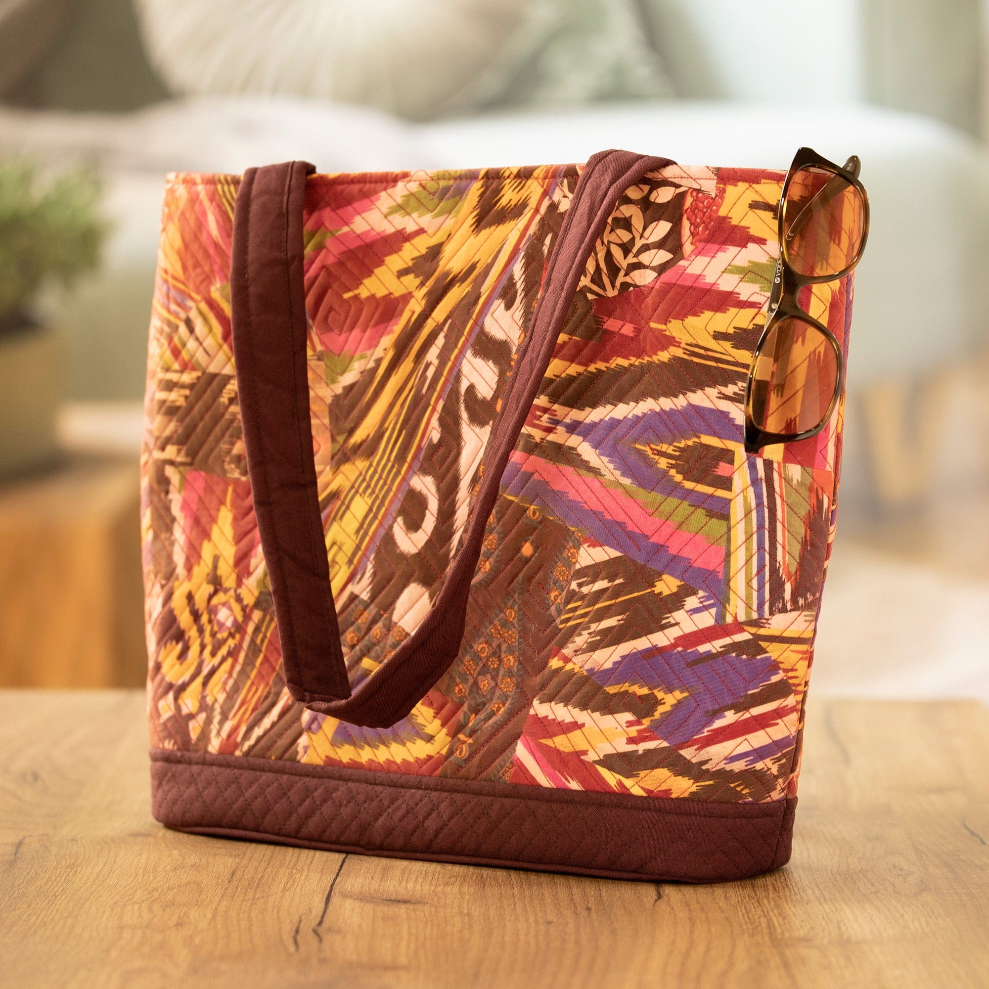 Burgundy Tote Bag with Multicolored Patchwork Ikat Pattern - Exuberance
