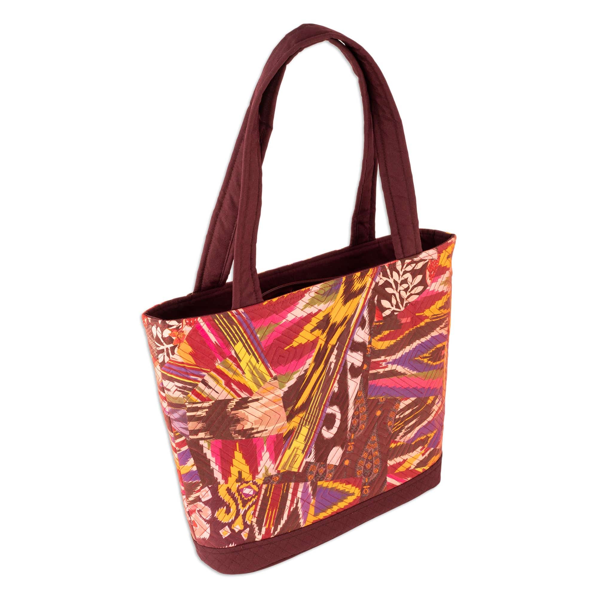 Burgundy Tote Bag with Multicolored Patchwork Ikat Pattern - Exuberance