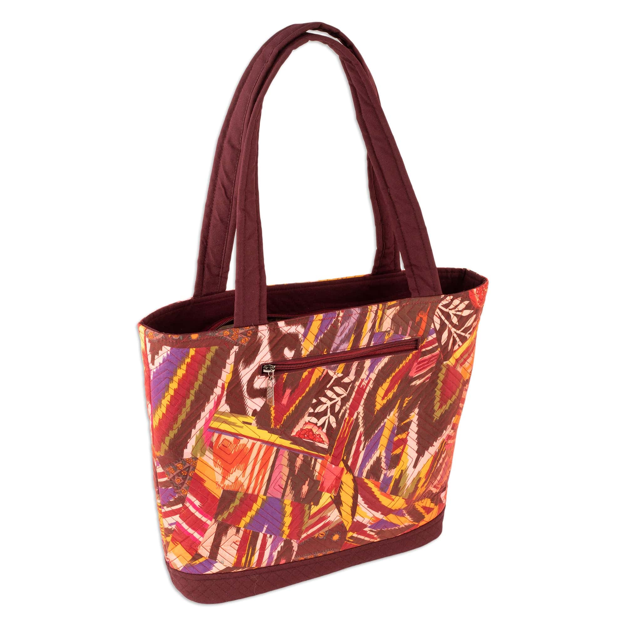 Burgundy Tote Bag with Multicolored Patchwork Ikat Pattern - Exuberance