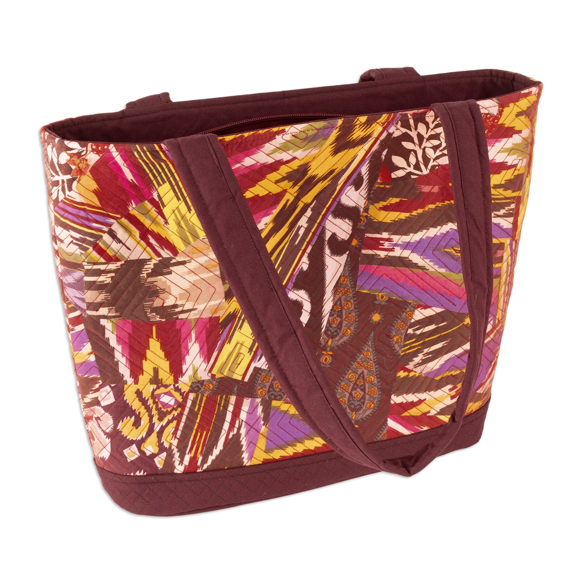 Burgundy Tote Bag with Multicolored Patchwork Ikat Pattern - Exuberance