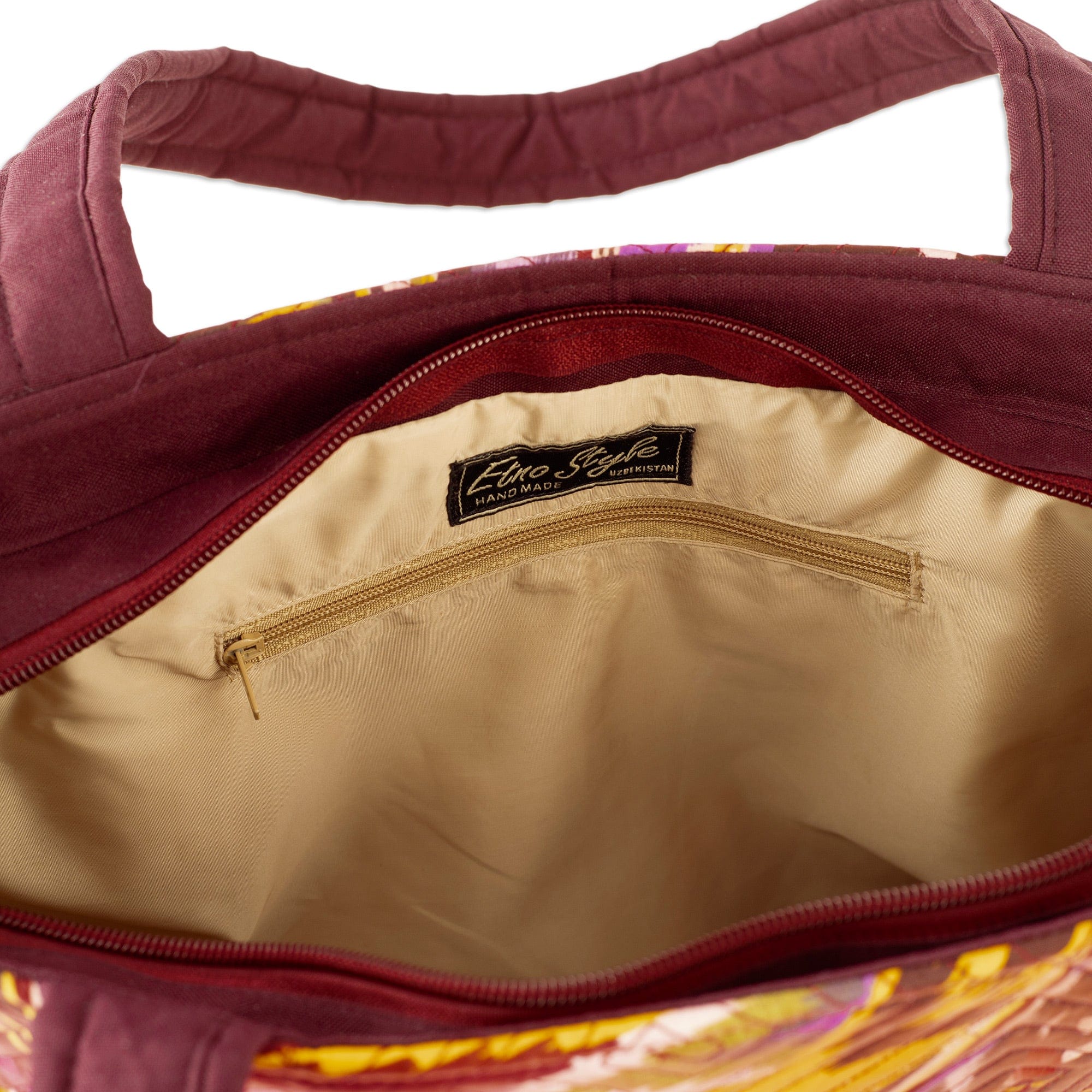 Burgundy Tote Bag with Multicolored Patchwork Ikat Pattern - Exuberance