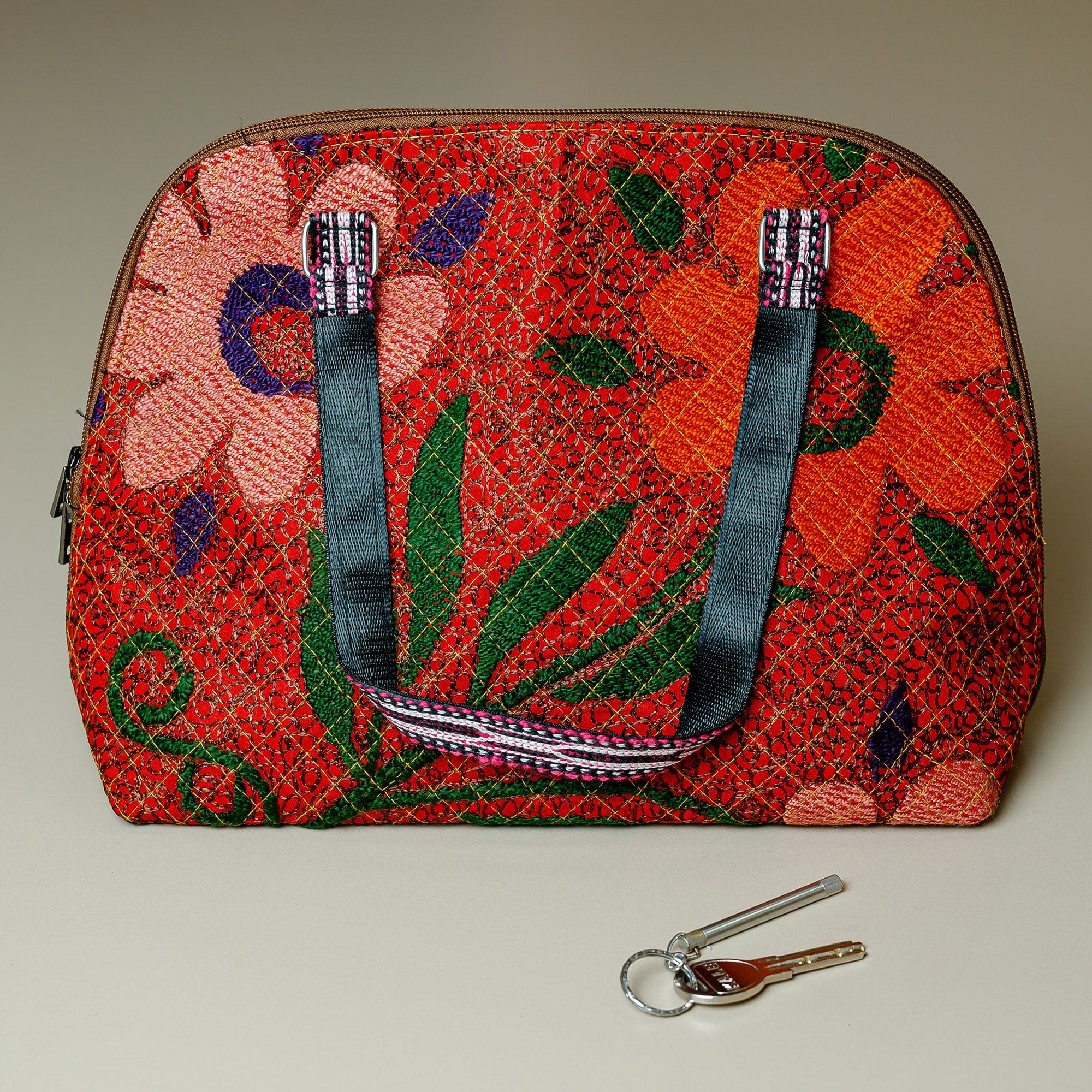 Floral-Themed Suzani Embroidered Cotton and Silk Bowling Bag - Colorful Garden