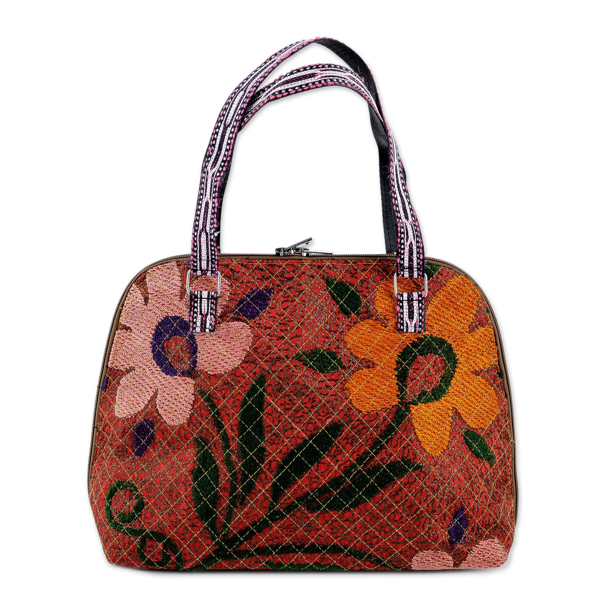 Floral-Themed Suzani Embroidered Cotton and Silk Bowling Bag - Colorful Garden
