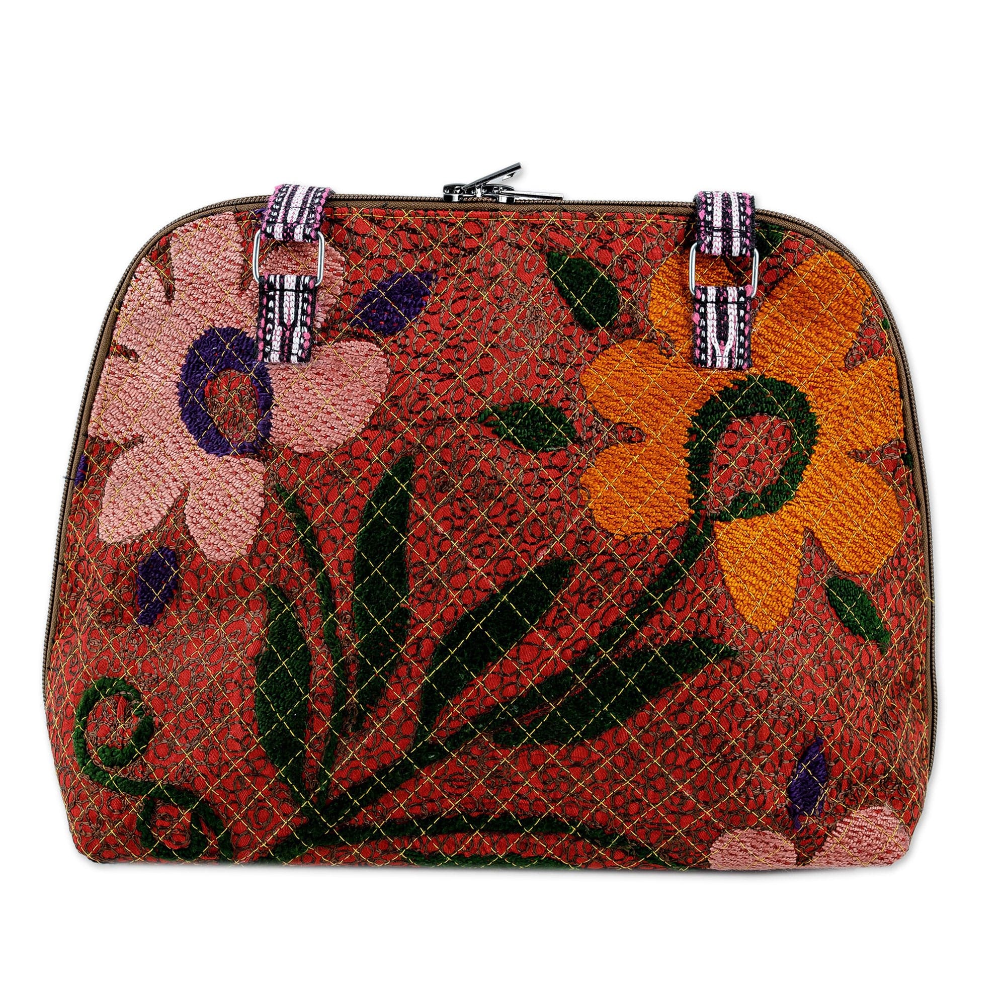 Floral-Themed Suzani Embroidered Cotton and Silk Bowling Bag - Colorful Garden
