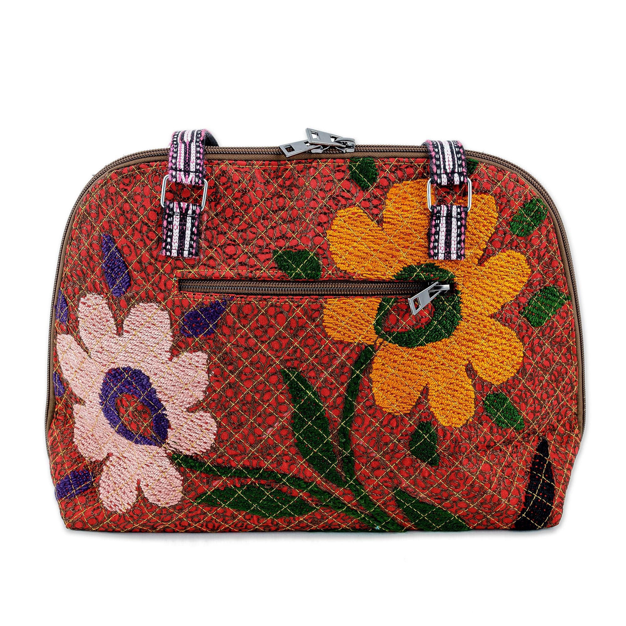 Floral-Themed Suzani Embroidered Cotton and Silk Bowling Bag - Colorful Garden