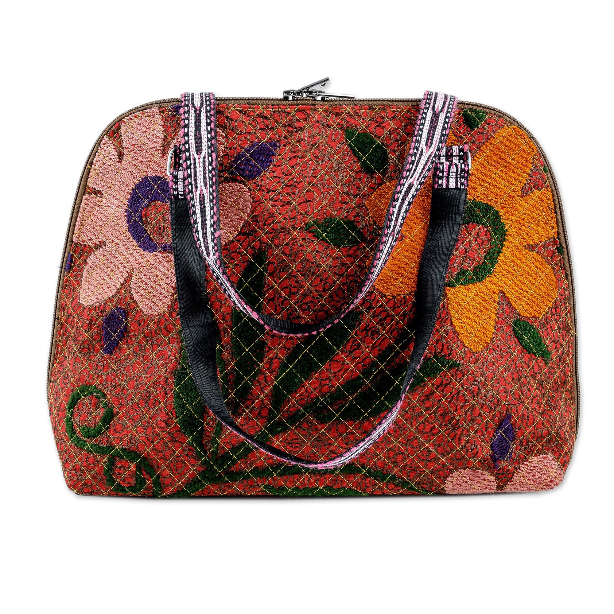Floral-Themed Suzani Embroidered Cotton and Silk Bowling Bag - Colorful Garden