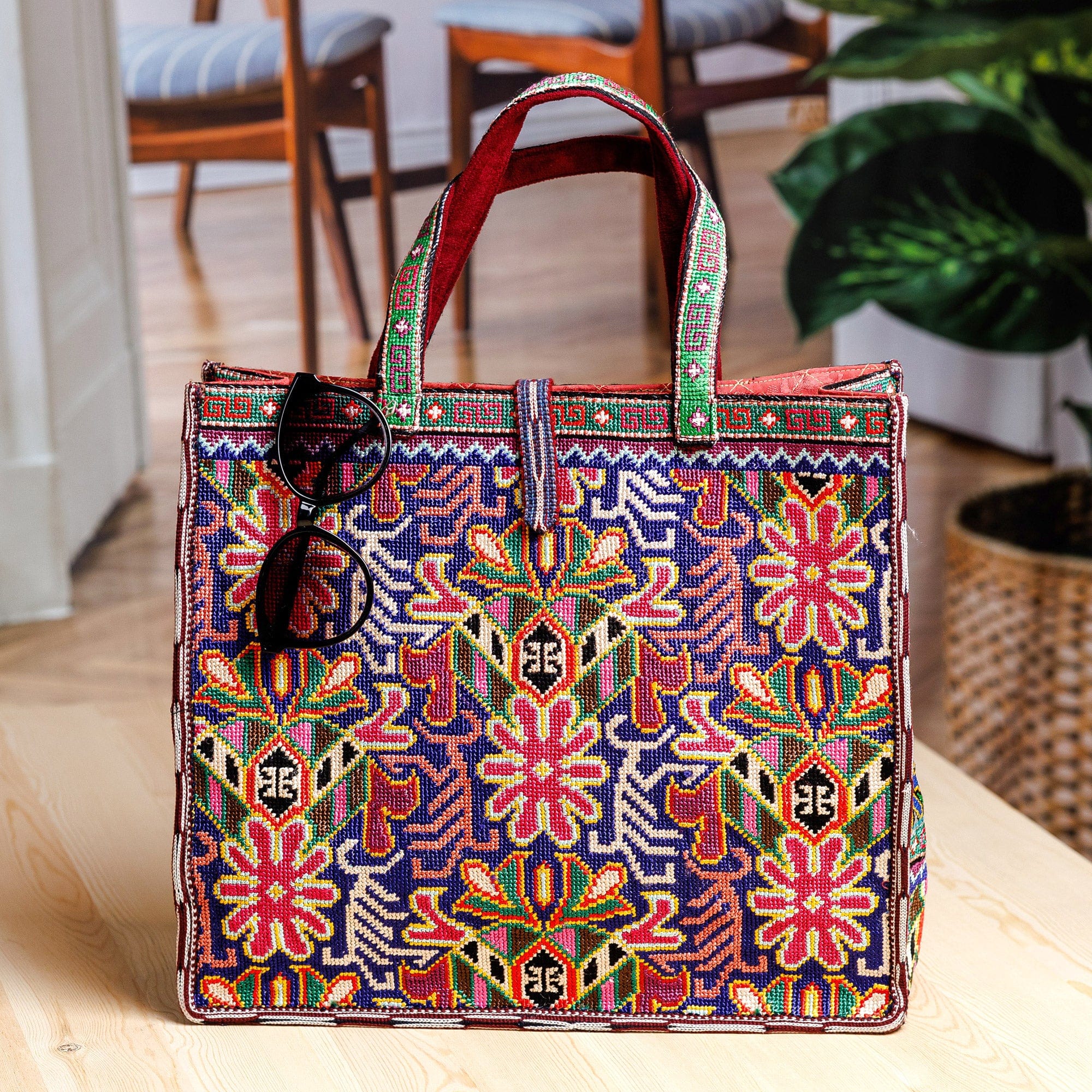 Tote Bag with Floral Iroki Hand Embroidery from Uzbekistan - Alluring Flora