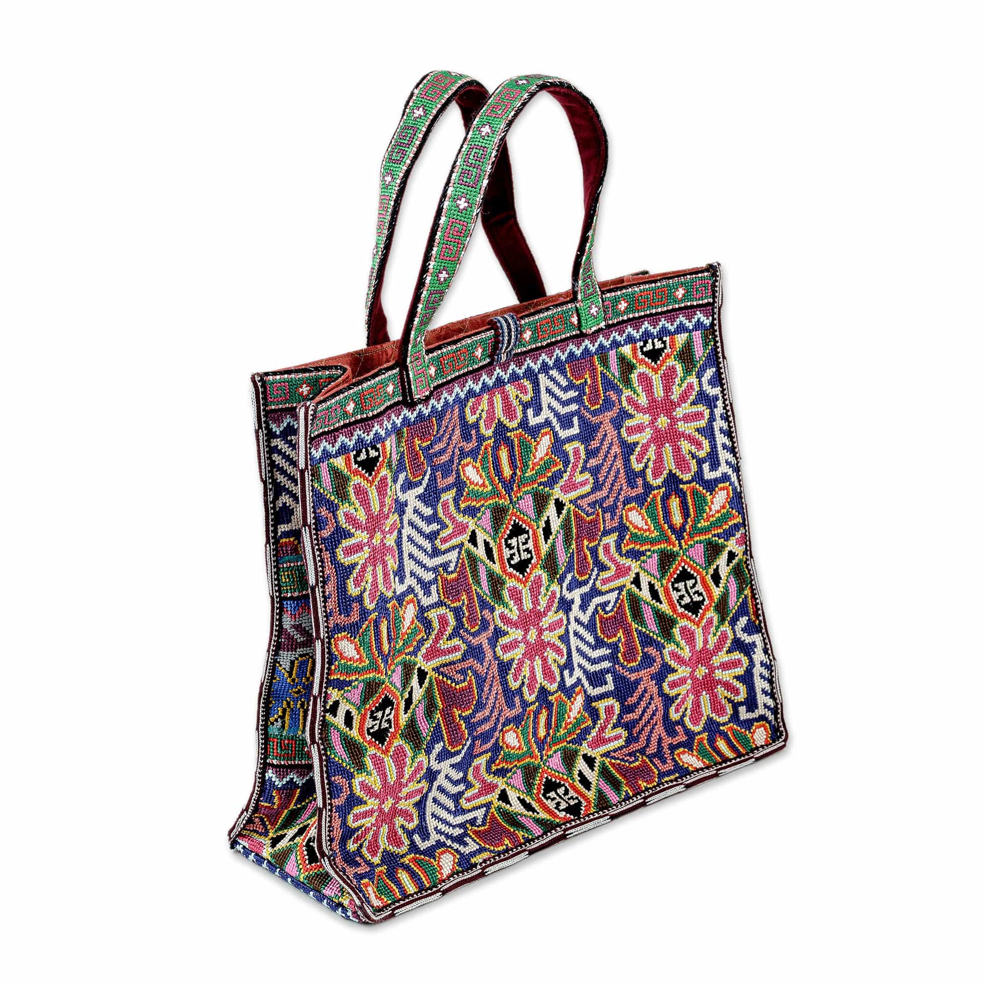 Tote Bag with Floral Iroki Hand Embroidery from Uzbekistan - Alluring Flora