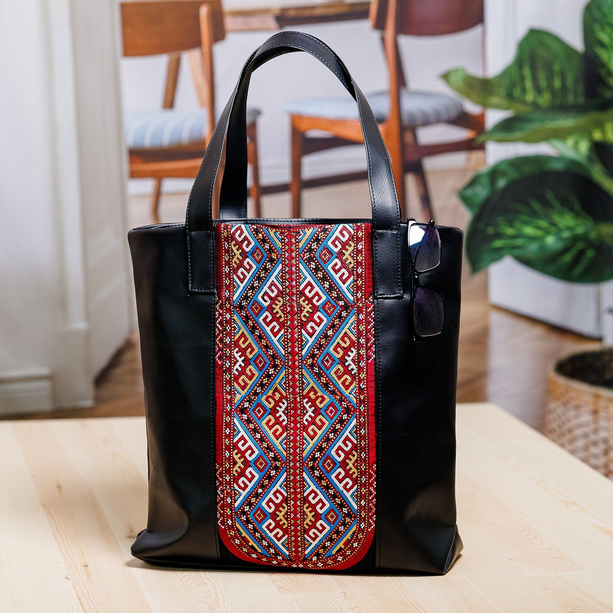 Faux Leather Shoulder Bag with Turkmen Embroidered Pattern - Dame of Bukhara