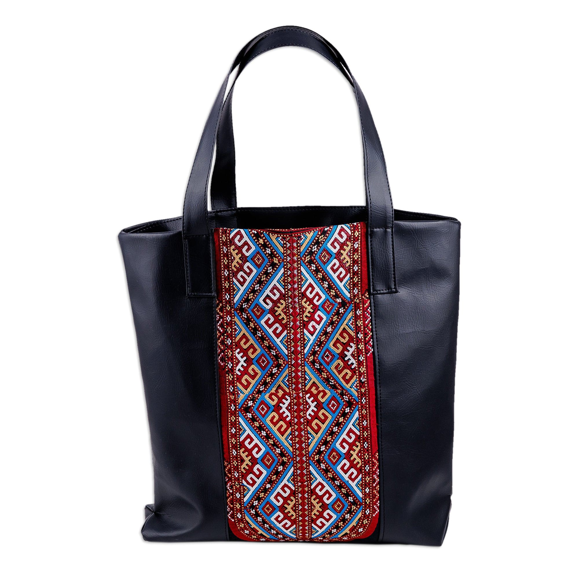 Faux Leather Shoulder Bag with Turkmen Embroidered Pattern - Dame of Bukhara