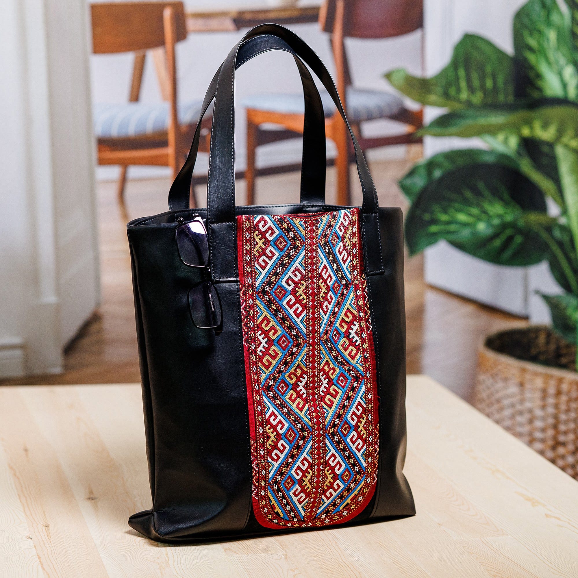 Faux Leather Shoulder Bag with Turkmen Embroidered Pattern - Dame of Bukhara