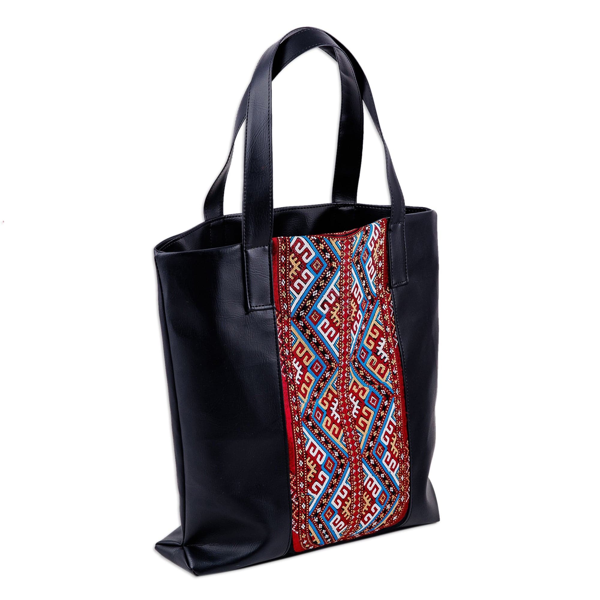 Faux Leather Shoulder Bag with Turkmen Embroidered Pattern - Dame of Bukhara