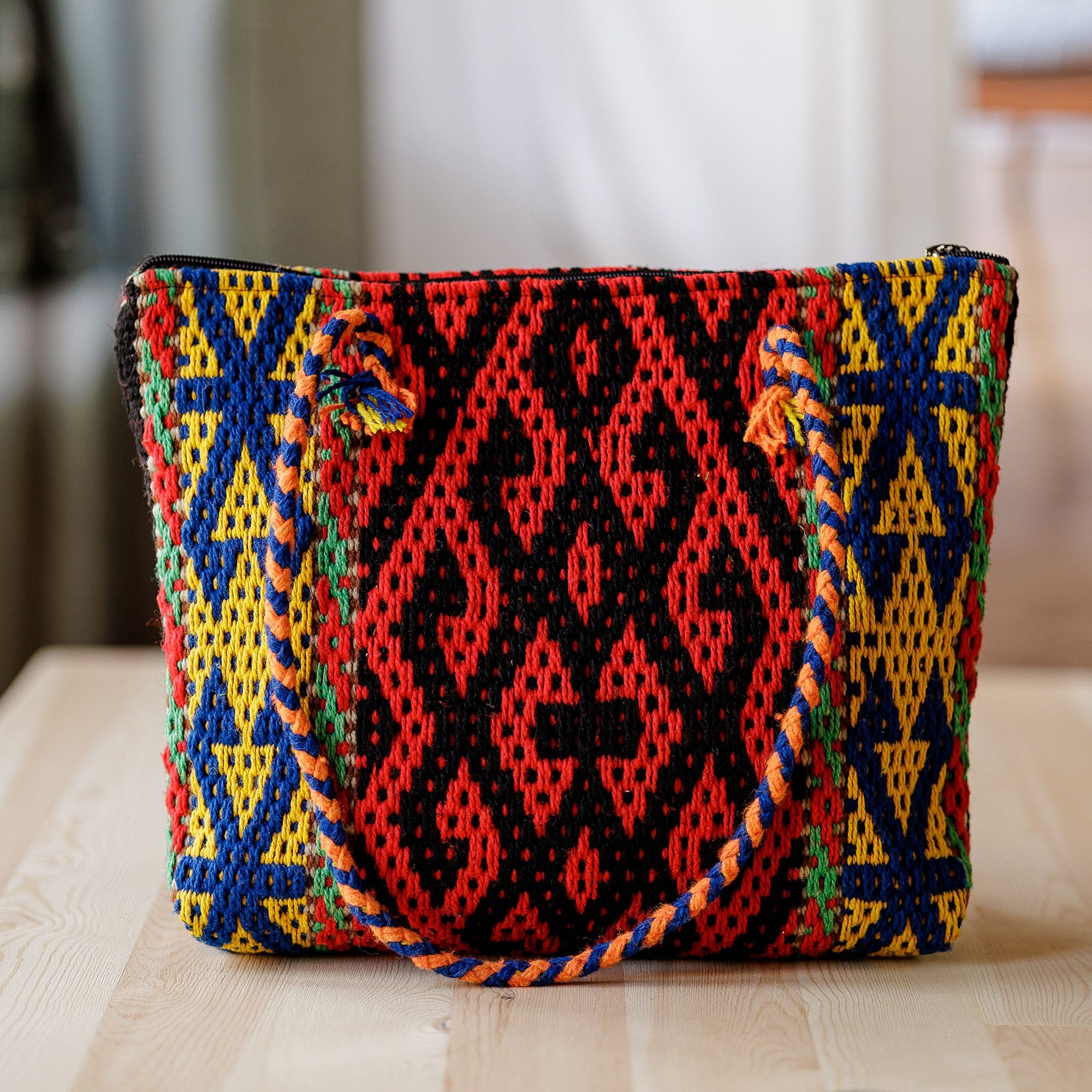Classic Geometric-Patterned Colorful Cotton and Wool Handbag - Flaming Traditions