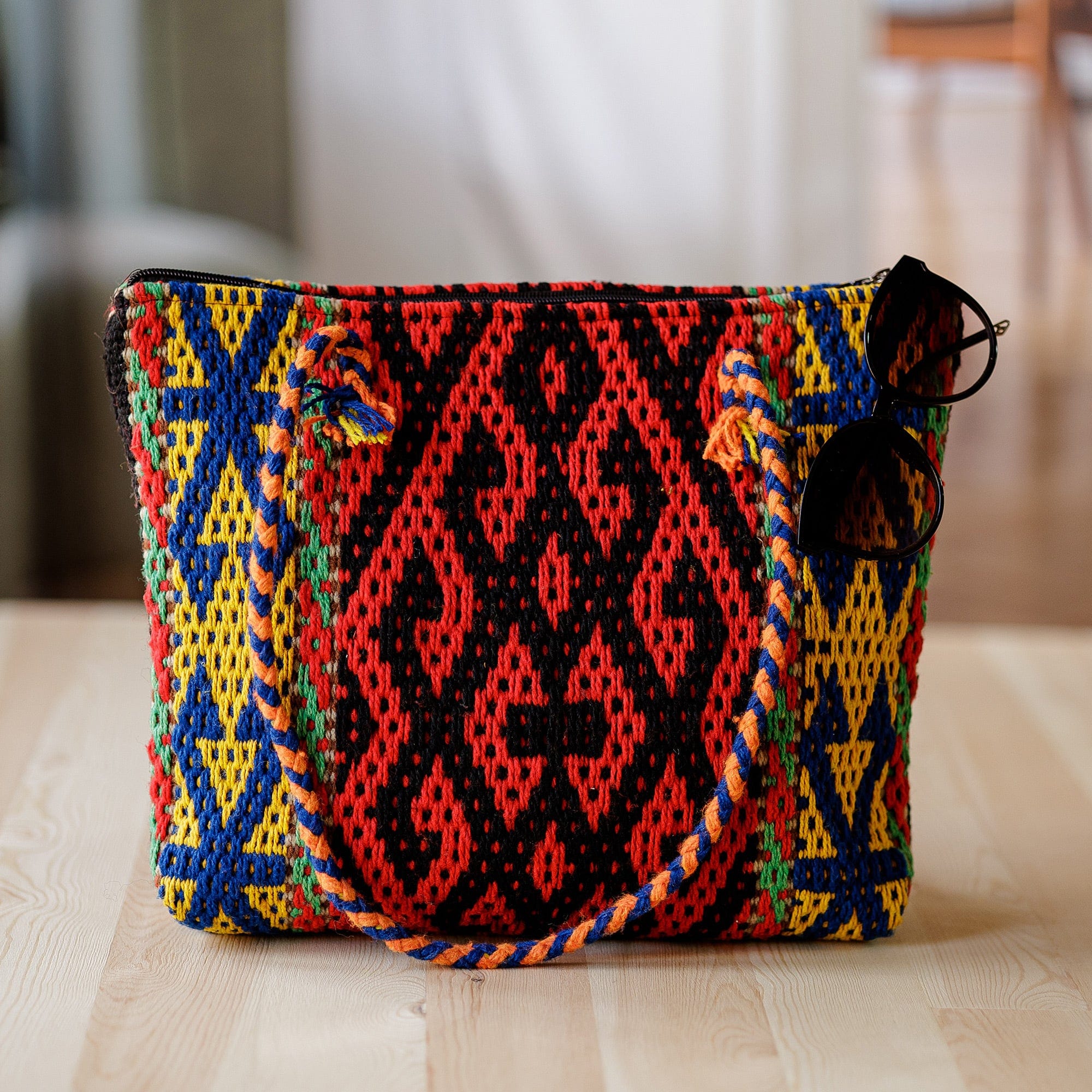 Classic Geometric-Patterned Colorful Cotton and Wool Handbag - Flaming Traditions