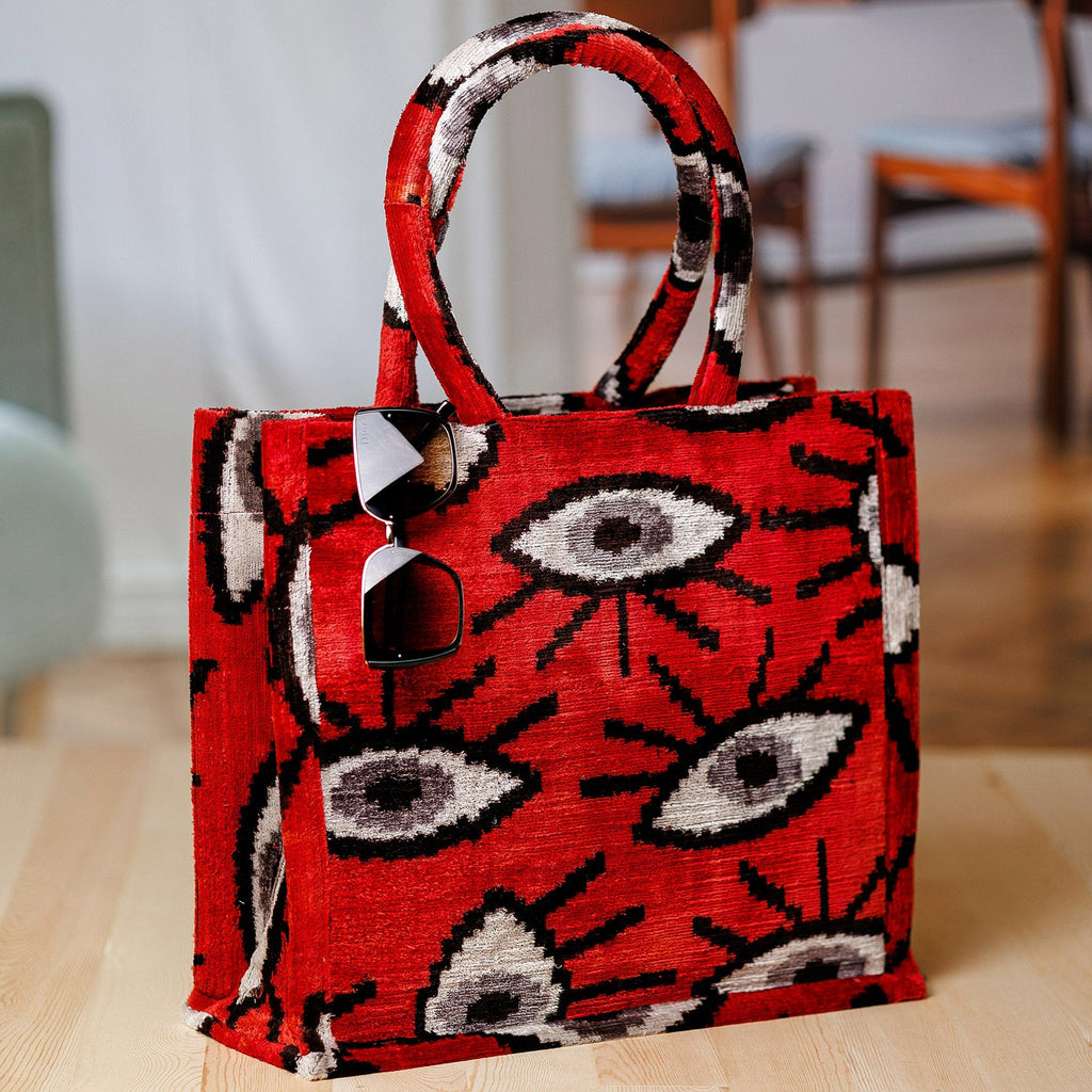 Eye-Patterned Red Silk Velvet Handle Bag from Uzbekistan - Sophisticated Glances