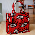 Eye-Patterned Red Silk Velvet Handle Bag from Uzbekistan - Sophisticated Glances