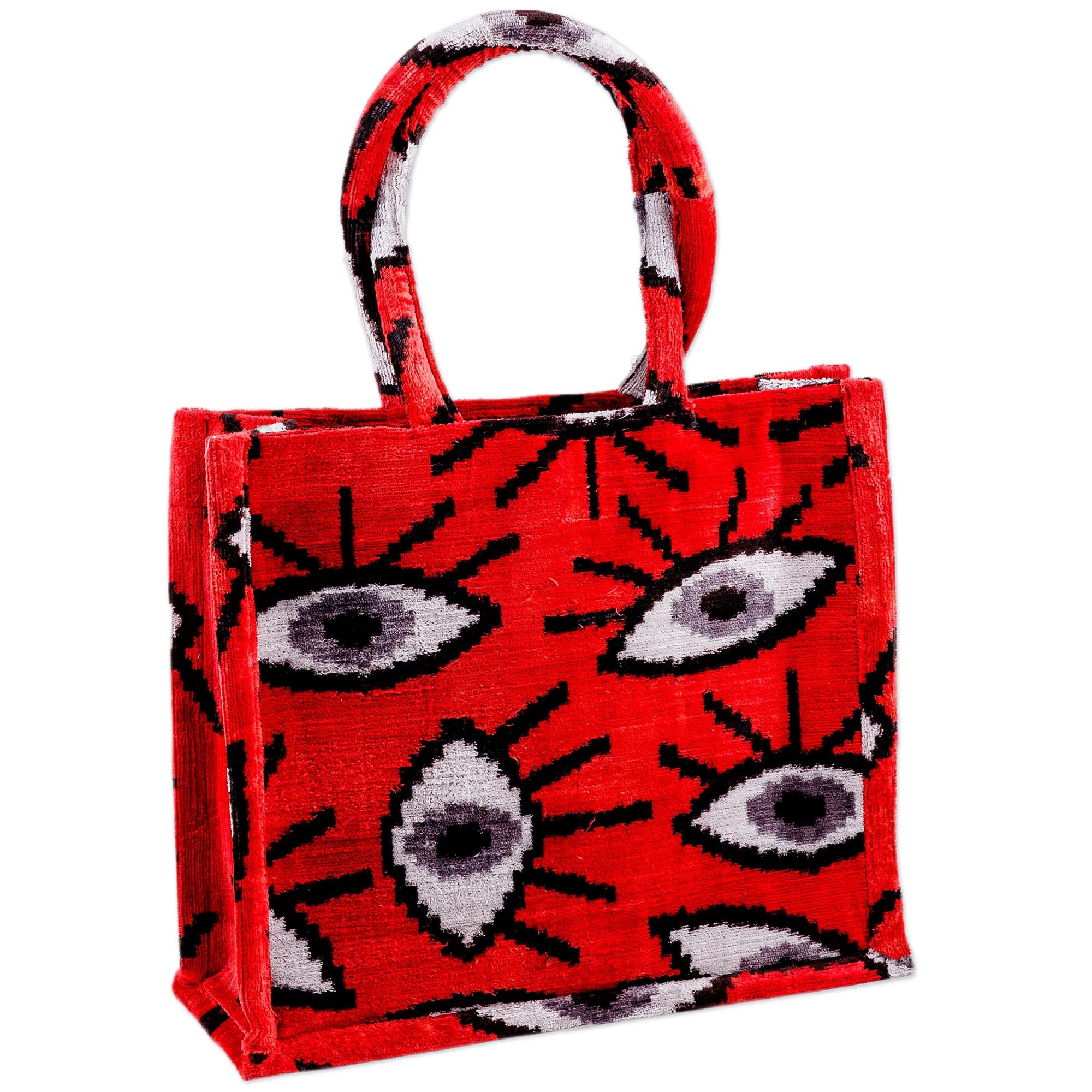 Eye-Patterned Red Silk Velvet Handle Bag from Uzbekistan - Sophisticated Glances