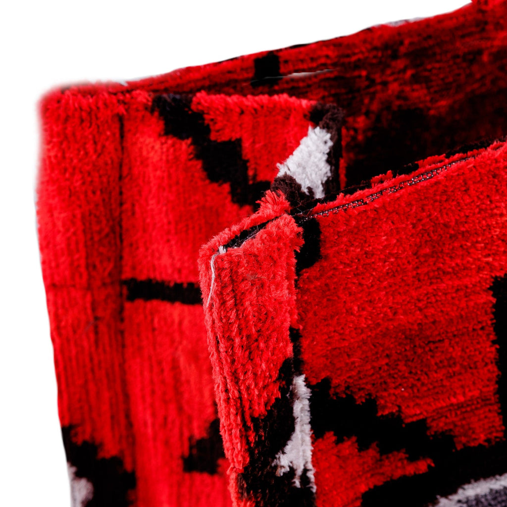Eye-Patterned Red Silk Velvet Handle Bag from Uzbekistan - Sophisticated Glances