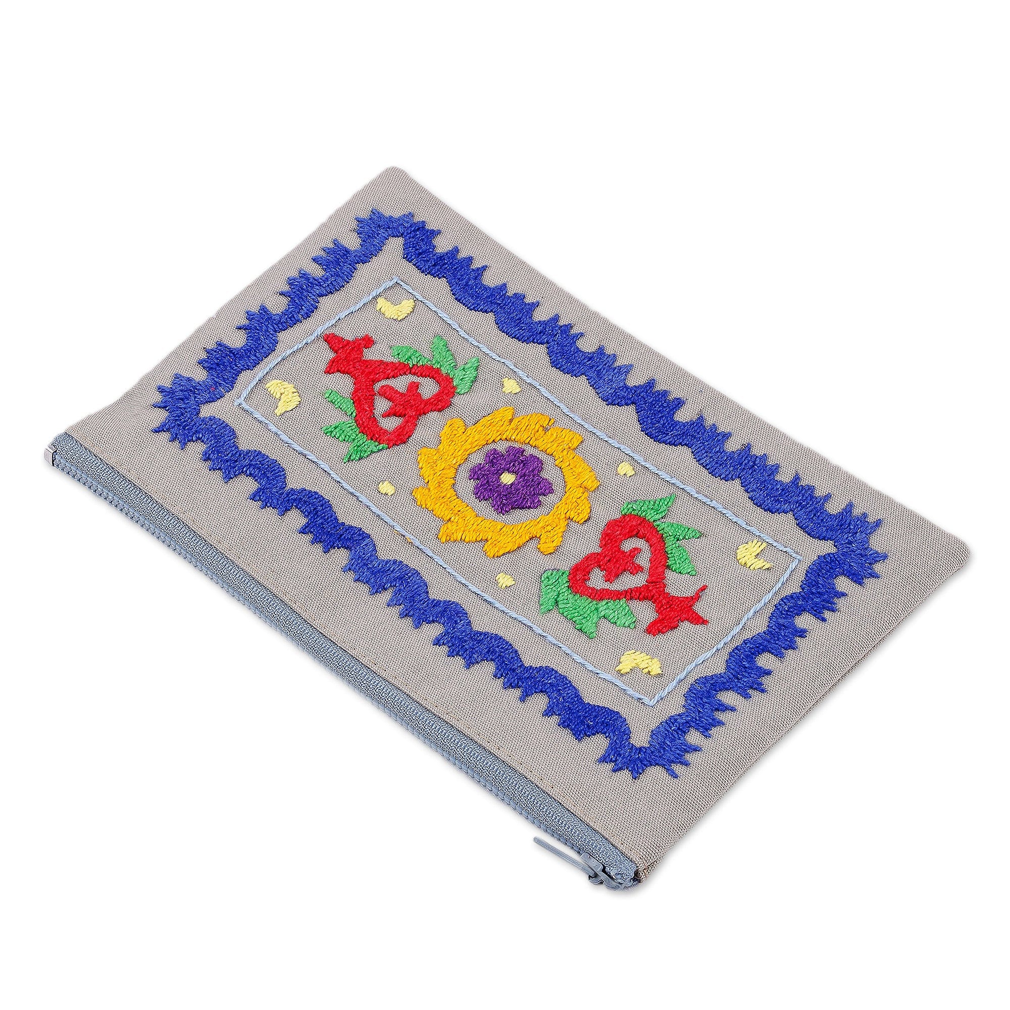 Cotton Cosmetic Bag with Suzani Hand-Embroidered Motifs - Chic Flair