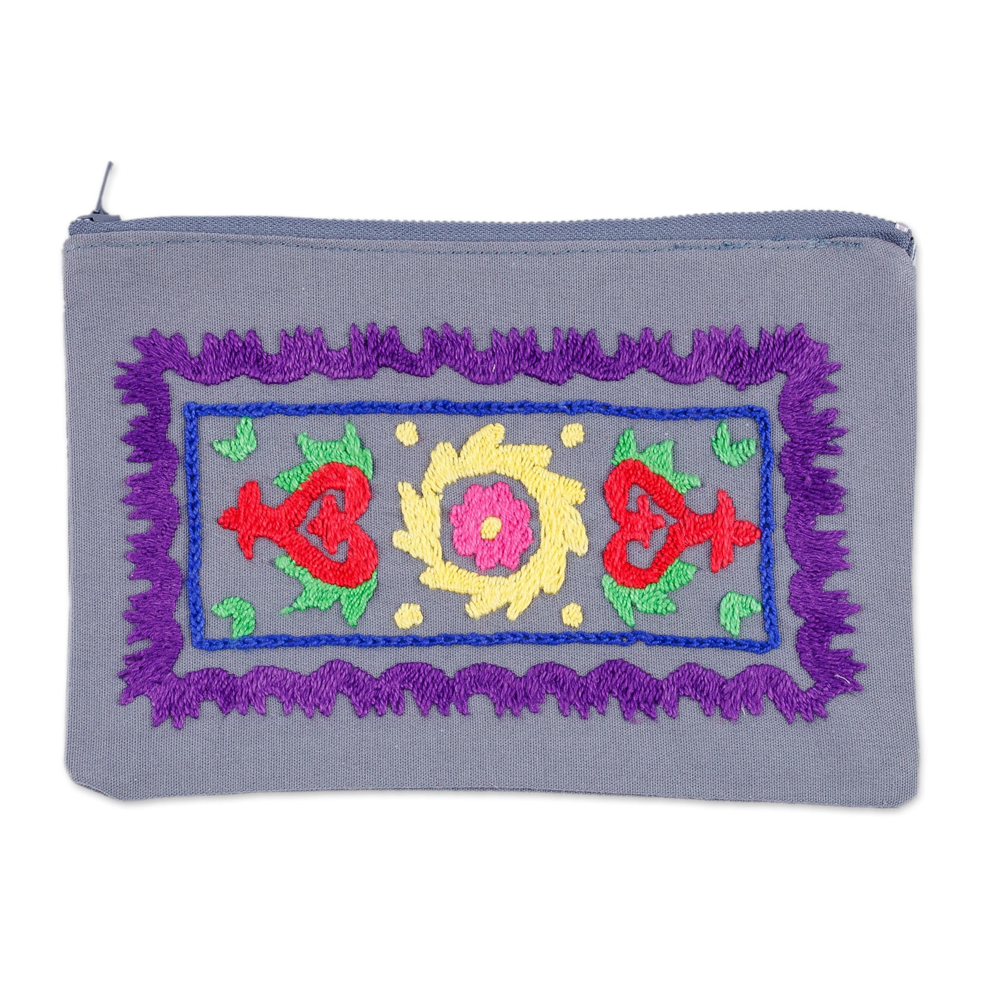 Blue Cotton Cosmetic Bag with Suzani Hand-Embroidered Motifs - Chic Style