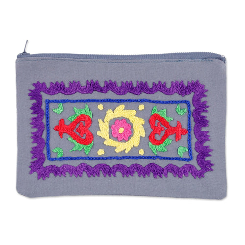 Blue Cotton Cosmetic Bag with Suzani Hand-Embroidered Motifs - Chic Style